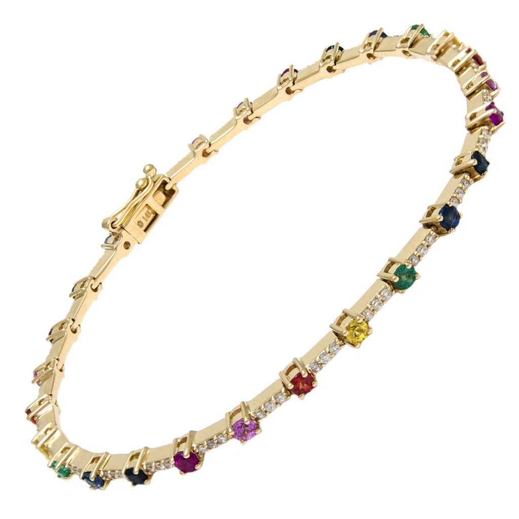 14 Karat ywllow gold bracelet with 87=0.50tw Round Brilliant G I Diamonds and   29=1.50tw Round multicolored Sapphires