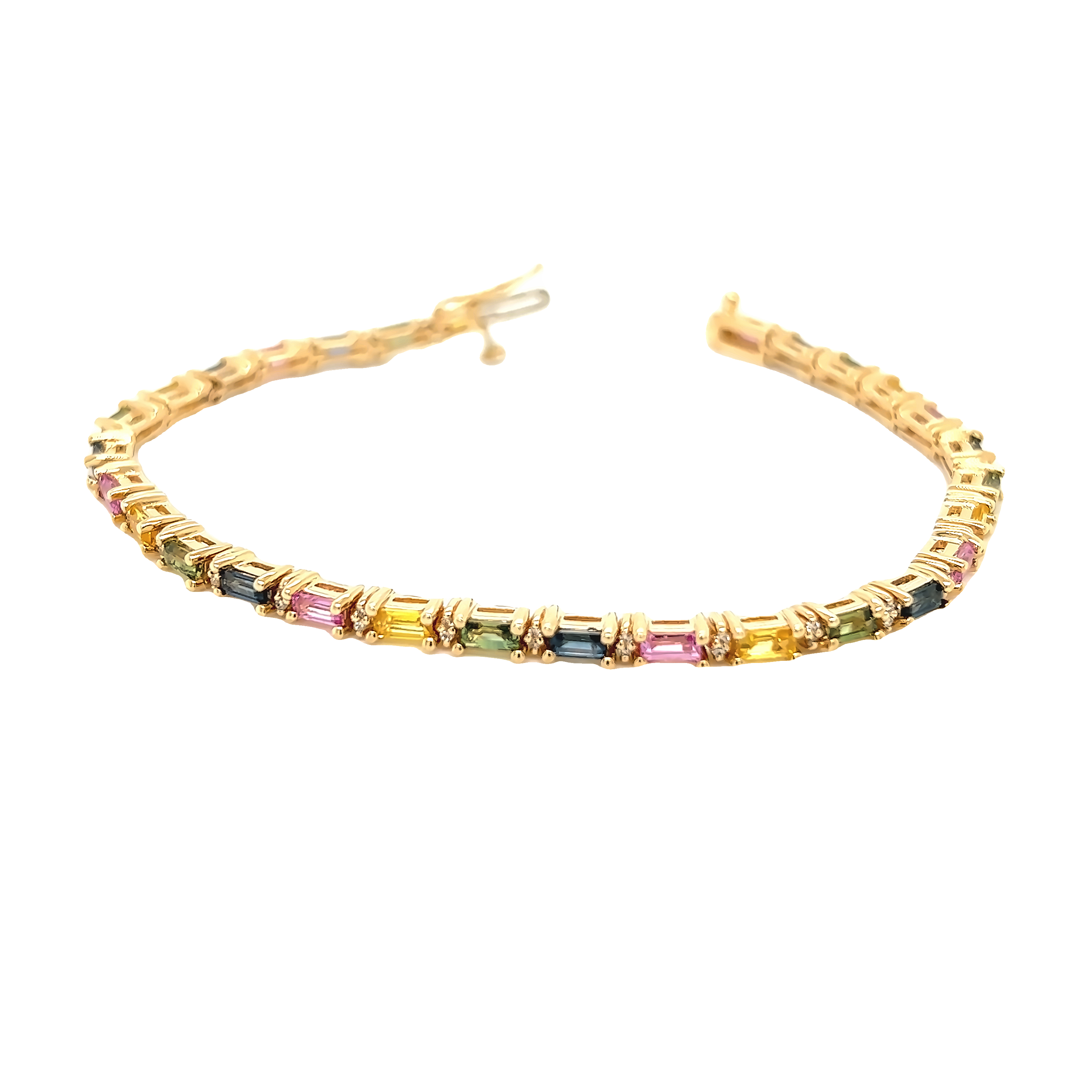 14 Karat yellow bracelet Length 7" with 29=0.21 total weight round brilliant G VS Diamonds and 29=5.00 total weight Multi-Colored Stones