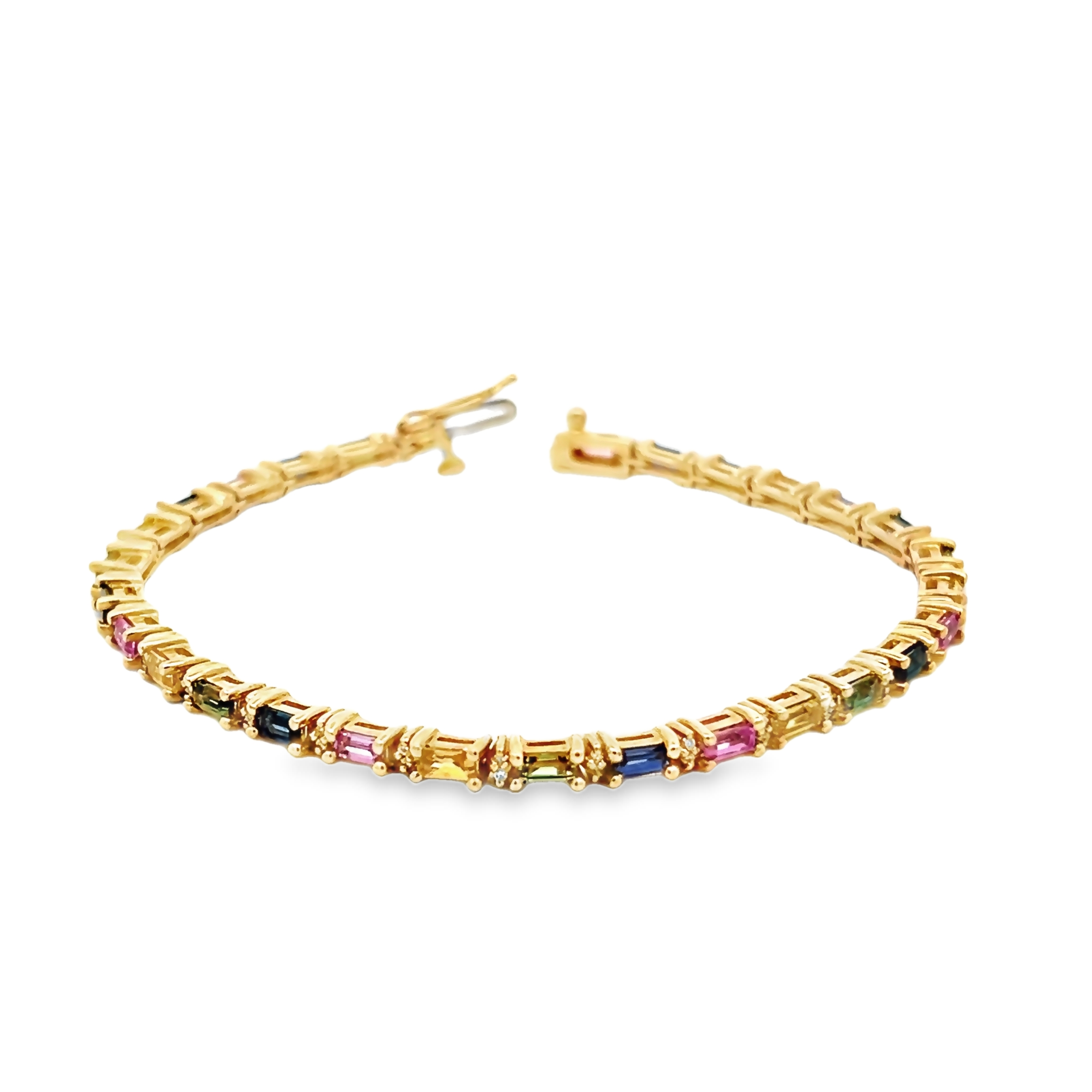 14 Karat yellow bracelet Length 7" with 29=0.21 total weight round brilliant G VS Diamonds and 29=5.00 total weight Multi-Colored Stones