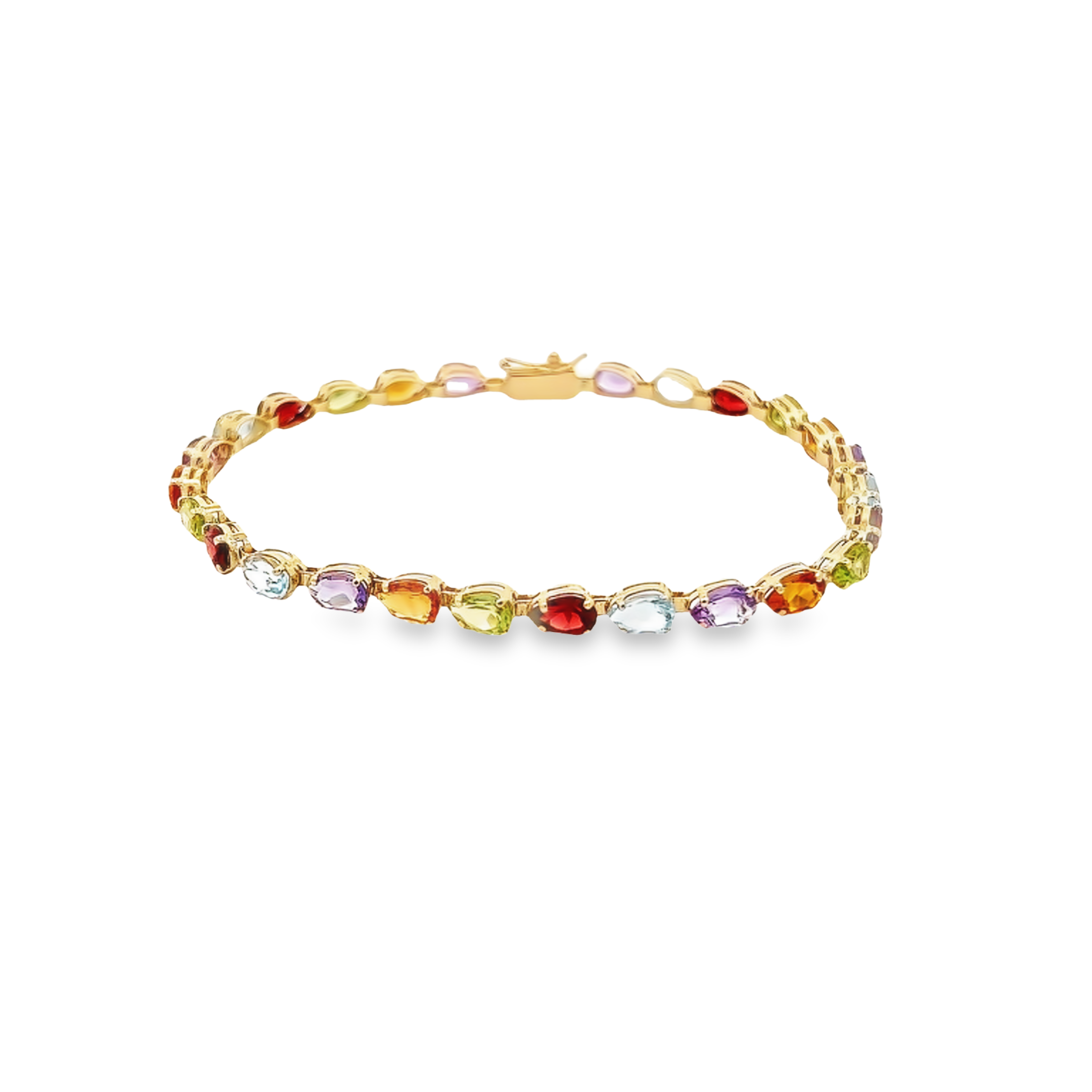 14 Karat yellow gold bracelet with 26 multi colored stones. Length 7.5