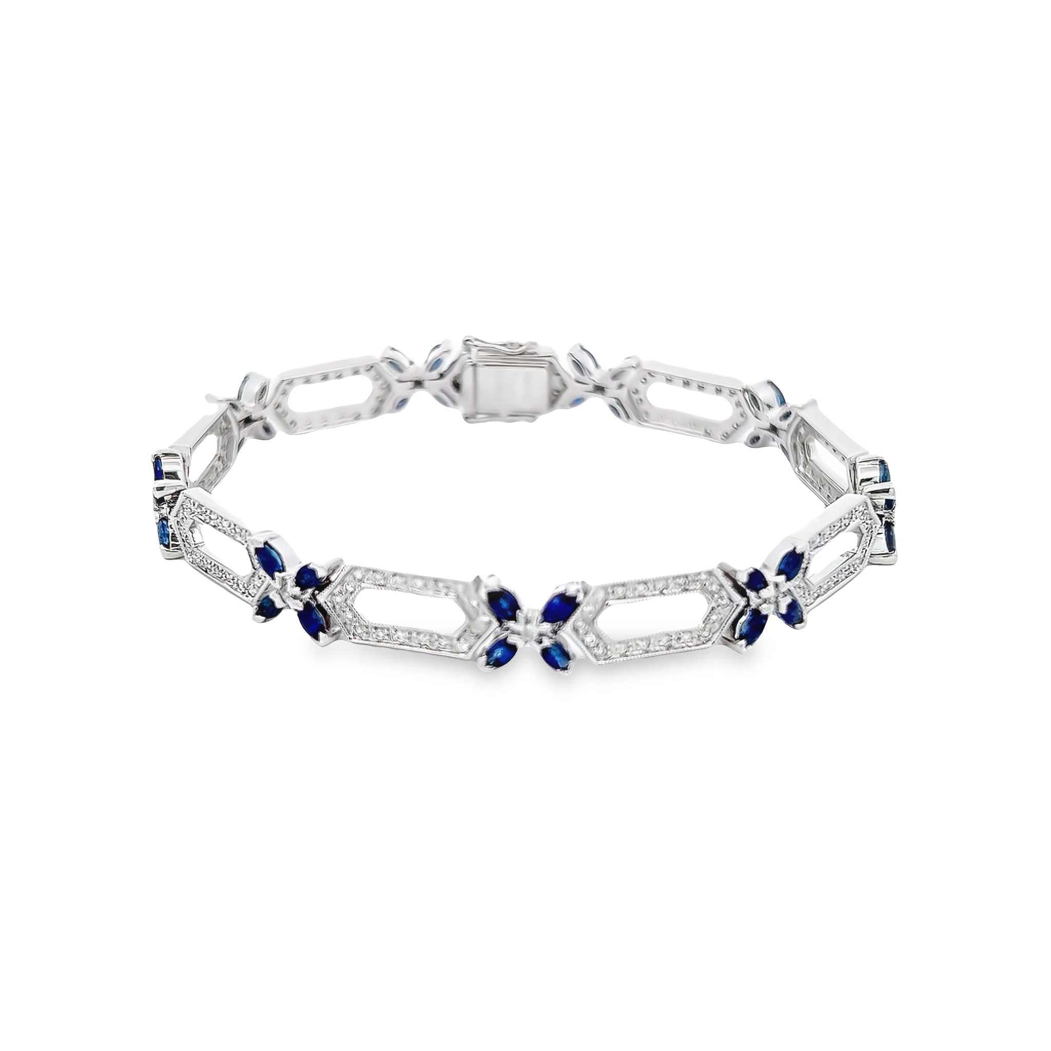 18 Karat white gold link bracelet with 36=3.38 total weight marquise cut Sapphires &   162=0.80 total weight round brilliant Diamonds. Length 7.25"