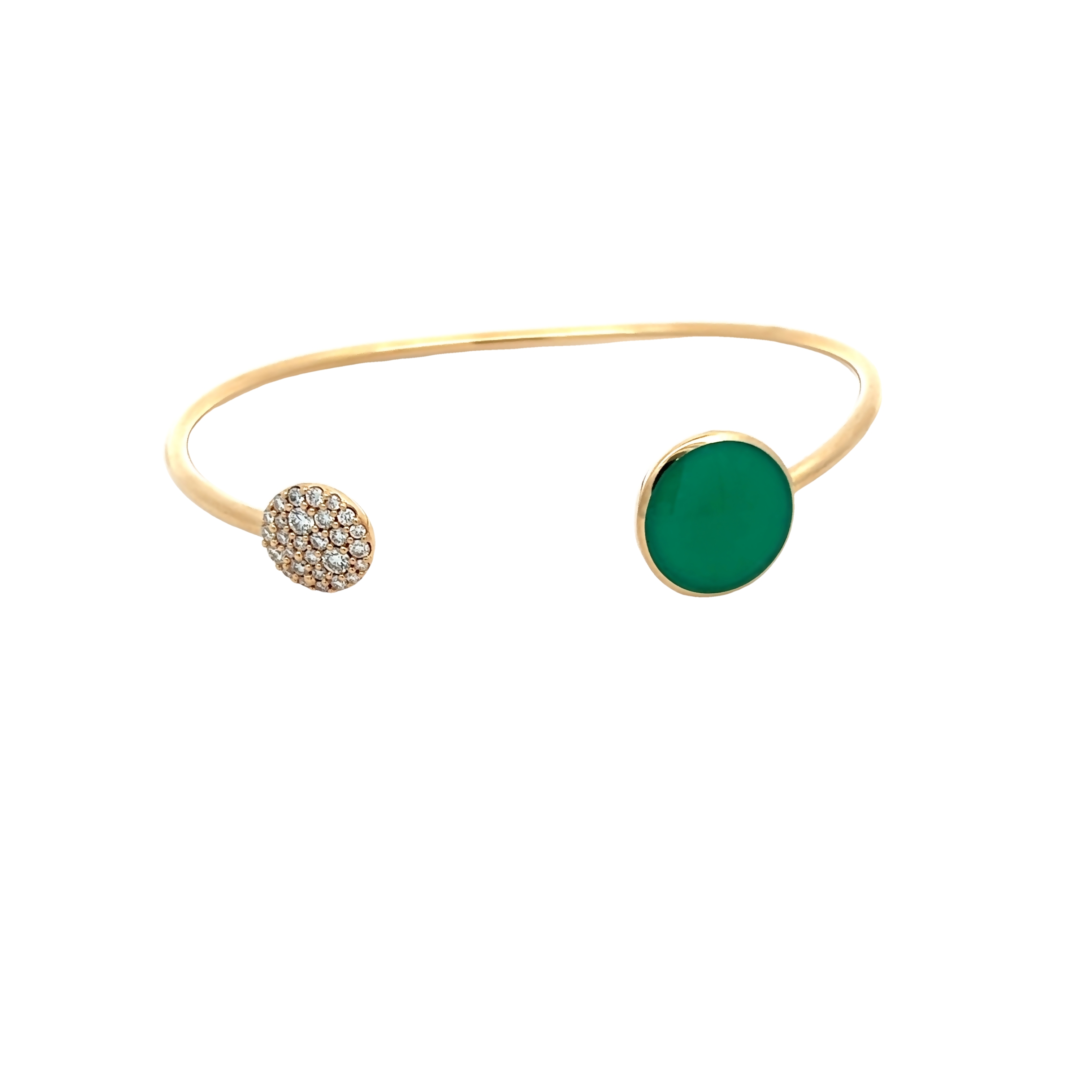14 Karat Yellow Gold Open Bangle Bracelet With 29= .40 Total Weight Round Brilliant Diamonds And Chrysoprase Inlay.