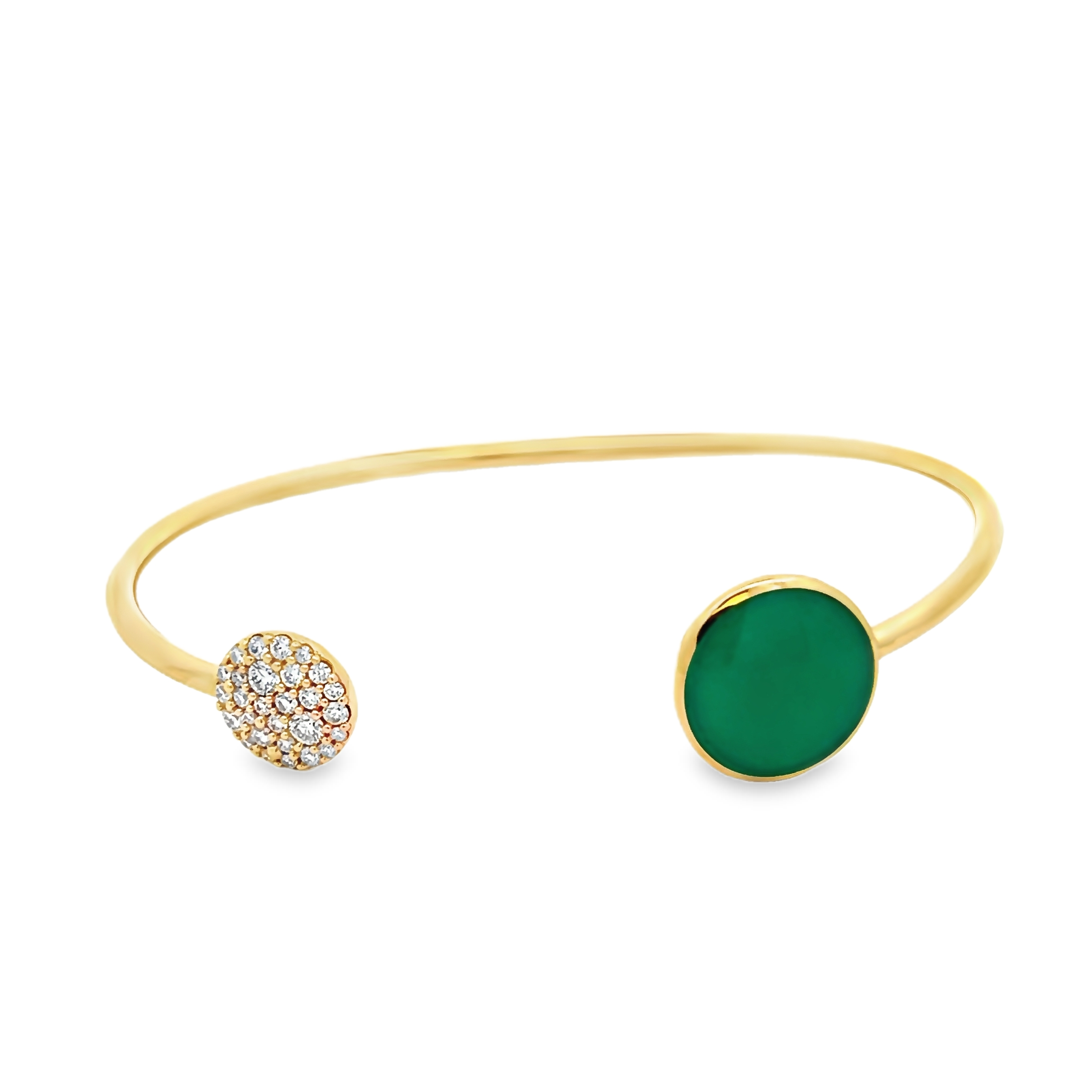 14 Karat yellow gold open bangle bracelet with 29= .40 total weight round brilliant Diamonds and Chrysoprase inlay.