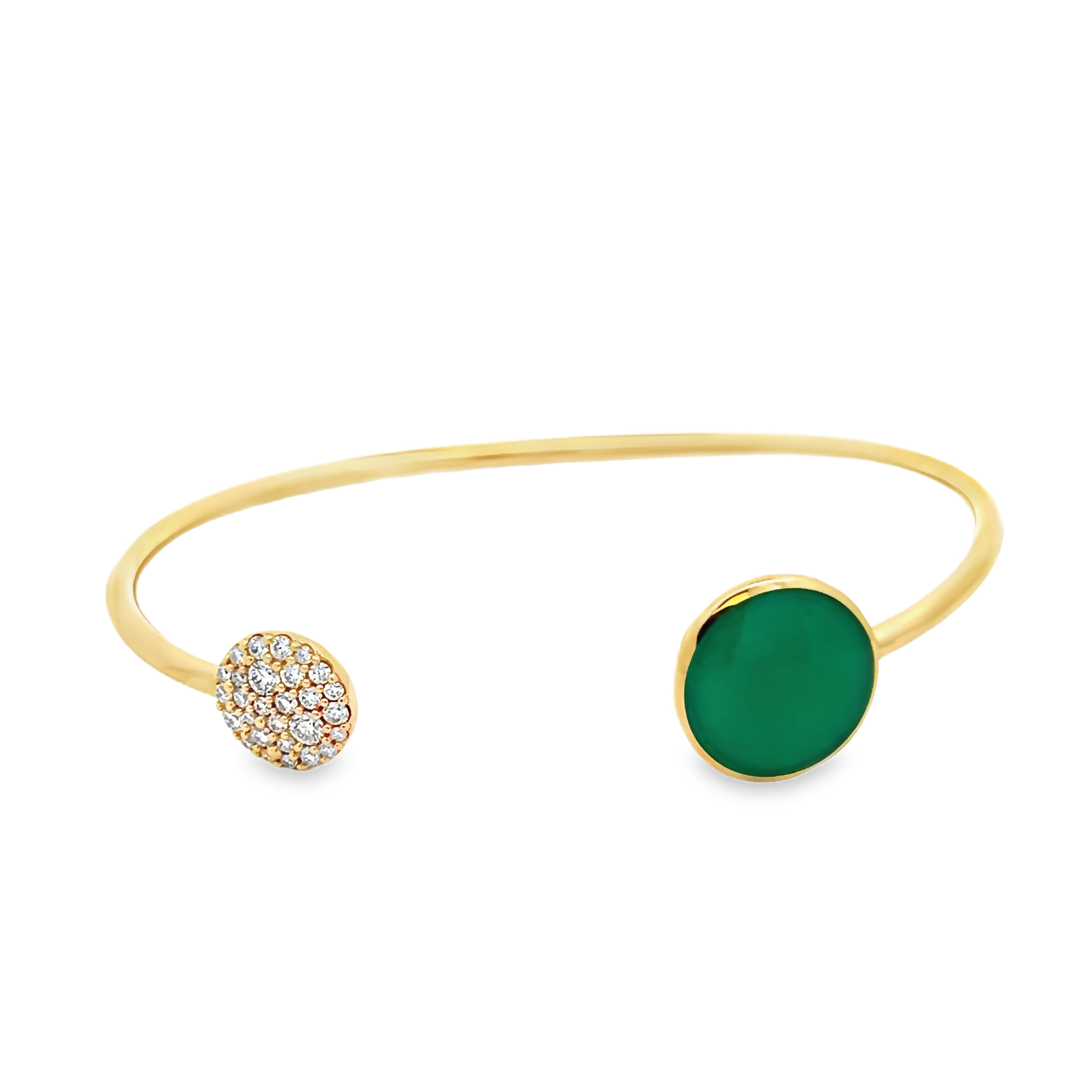 14 Karat Yellow Gold Open Bangle Bracelet With 29= .40 Total Weight Round Brilliant Diamonds And Chrysoprase Inlay.