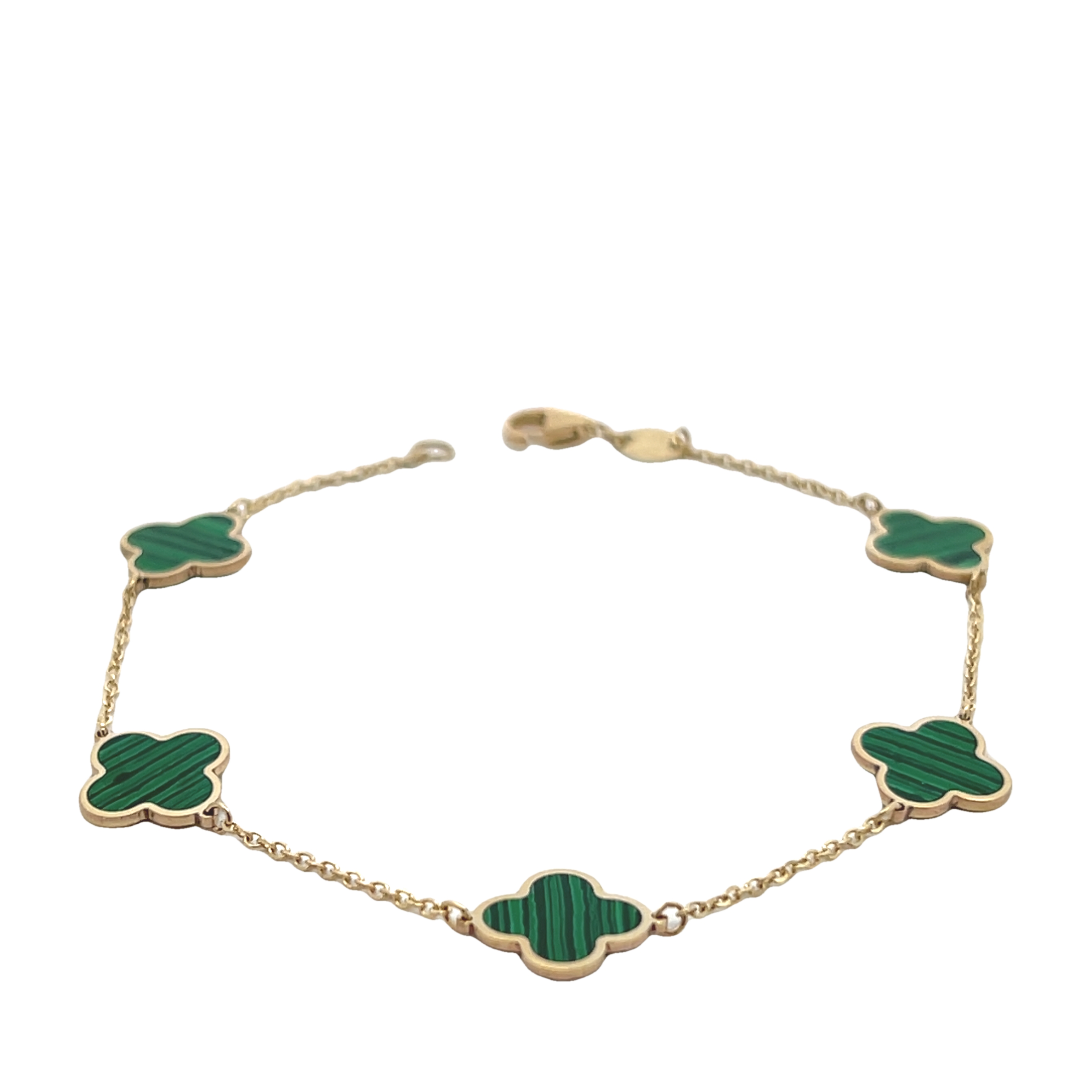 14k Yellow Gold Malachite Clover Station Bracelet