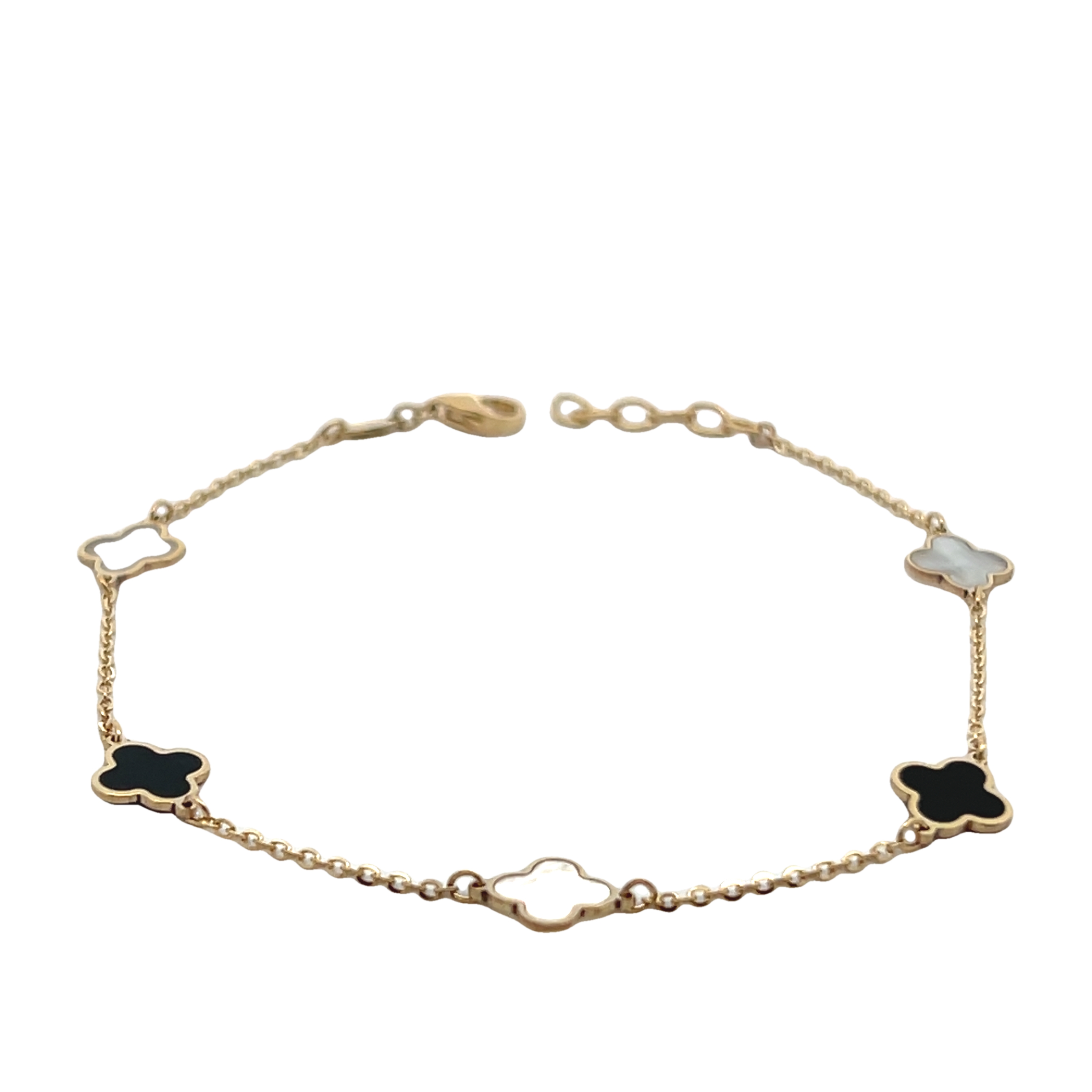 14k Yellow Gold Mother Of Pearl And Onyx Clover Station Bracelet