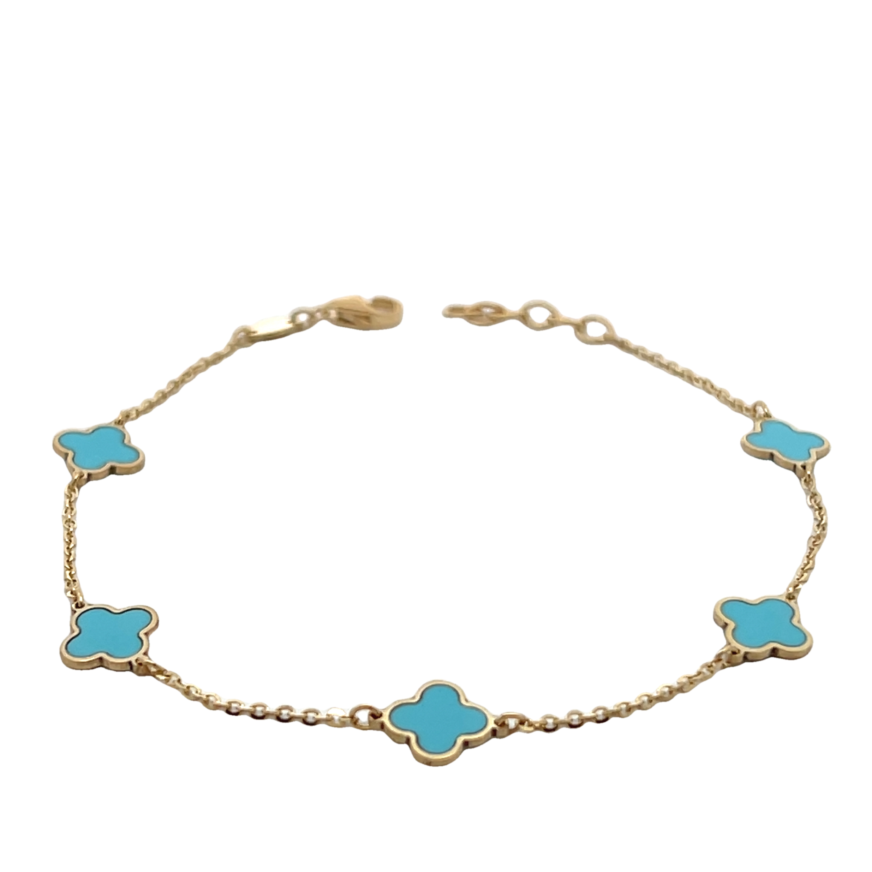 14k Yellow Gold Turqouise Clover Station Bracelet