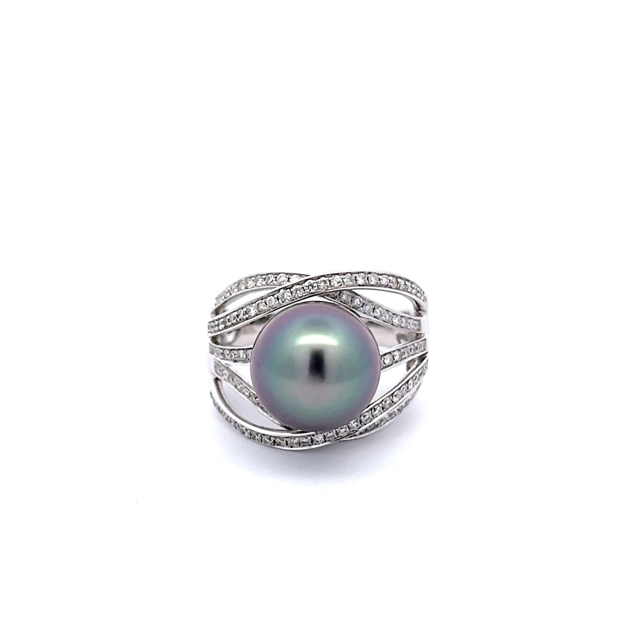 14 Karat white gold ring with One 11-12mm Tahitian Pearl and 108=0.50 total weight round brilliant G SI Diamonds. Size 6.5