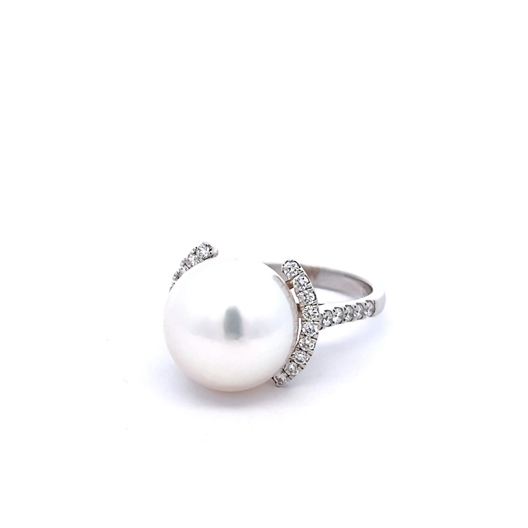 18 Karat white gold ring with One 13.00mm South Sea Pearl and 30=0.53 total weight round brilliant G SI Diamonds