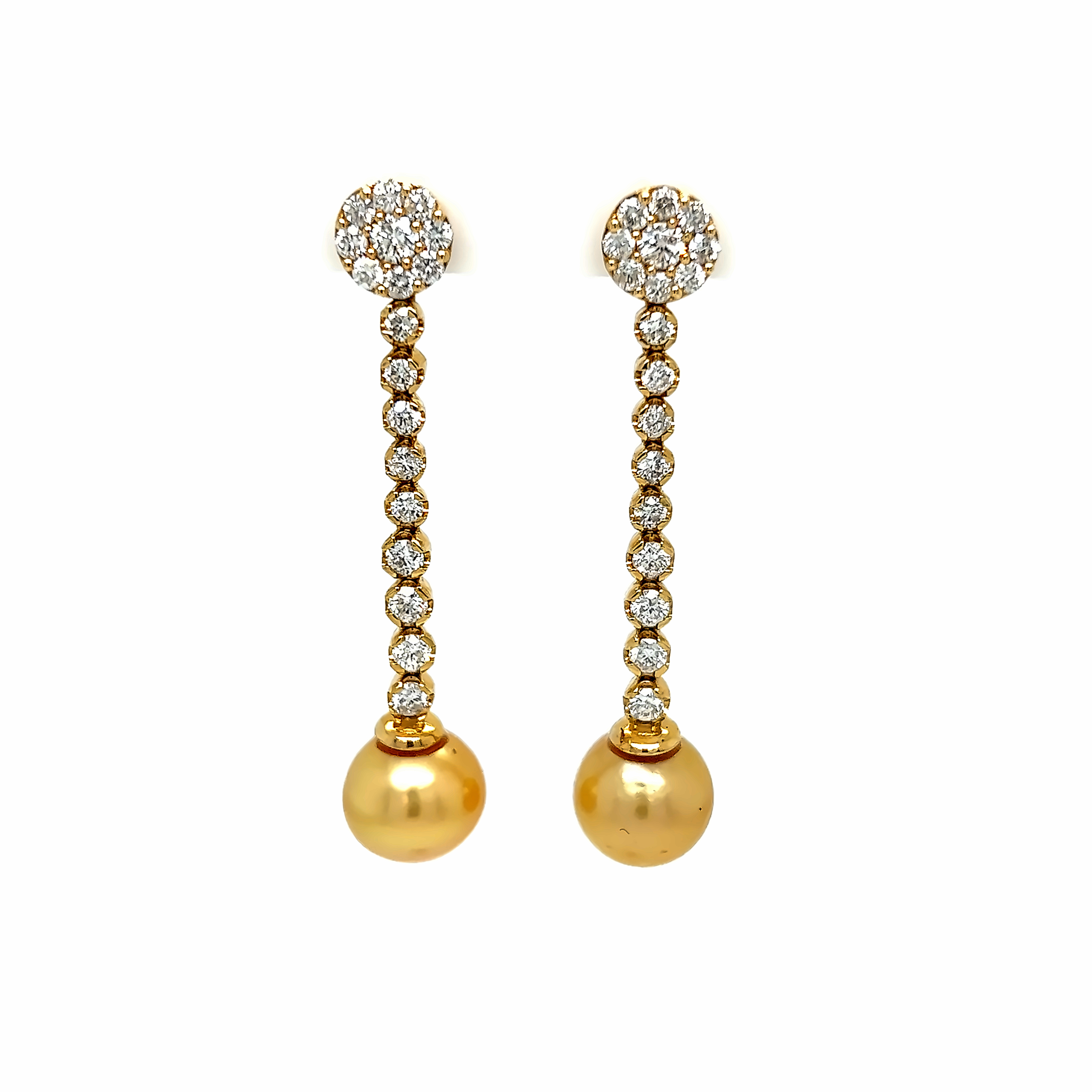 Yellow 14 Karat Dangle Earrings with 2=10.20mm South Sea Pearls and   36=1.84tw Round Brilliant G SI Diamonds