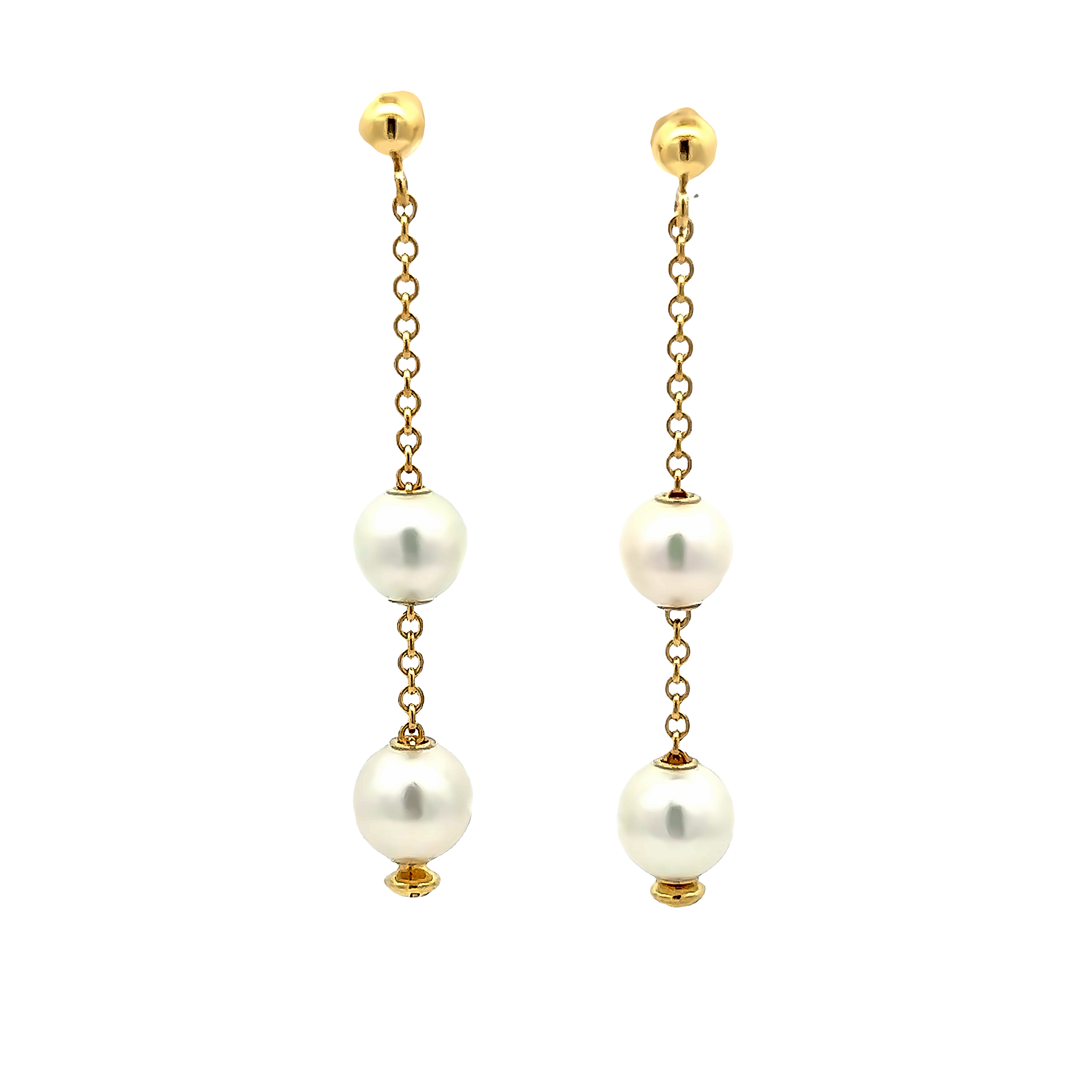 18 Karat yellow gold dangle earrings with 4= Cultured Pearls