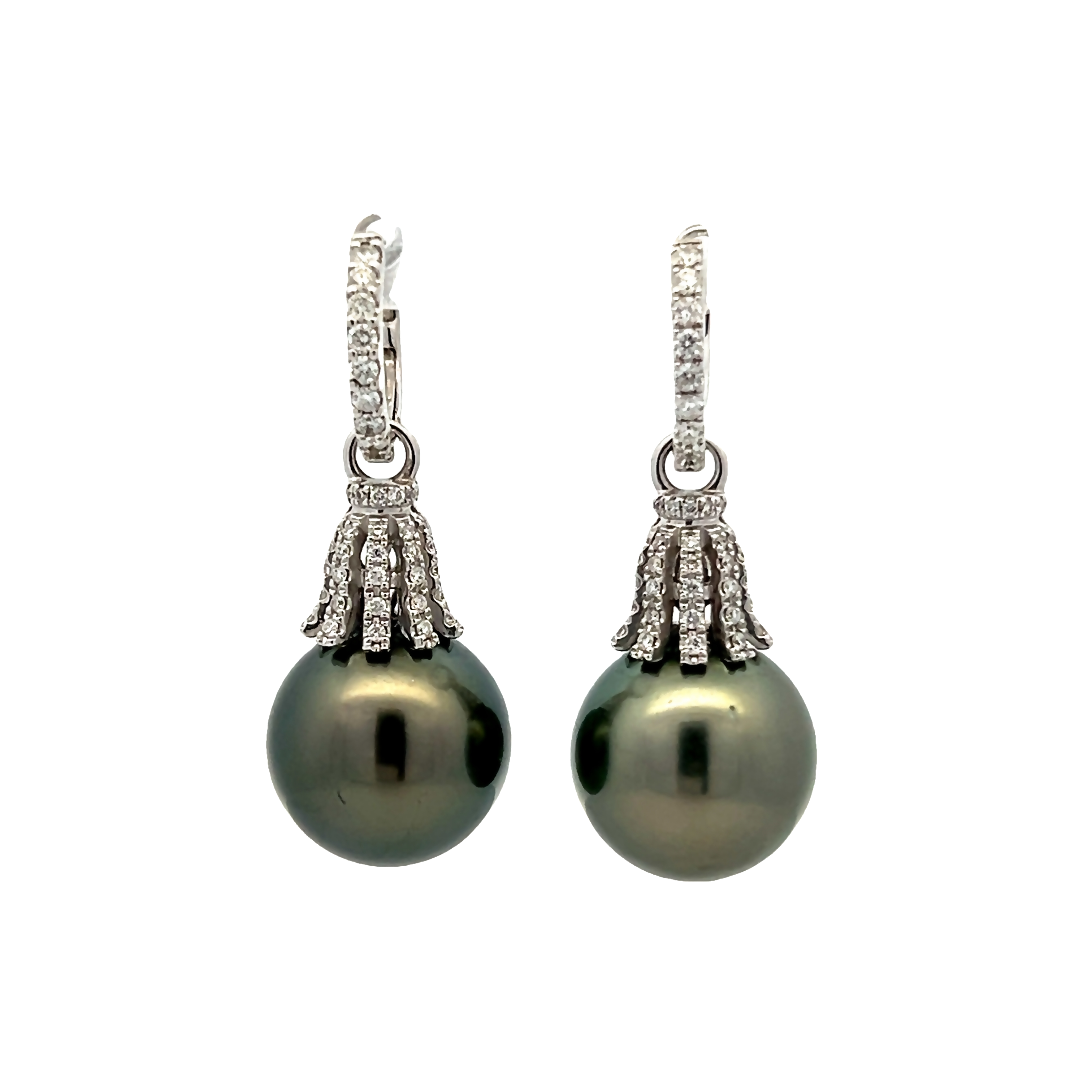 18 Karat White Gold Dangle Earrings With 2=13.00-14.00mm Tahitian Pearls And 82=0.60 Total Weight Round Brilliant G Si Diamonds