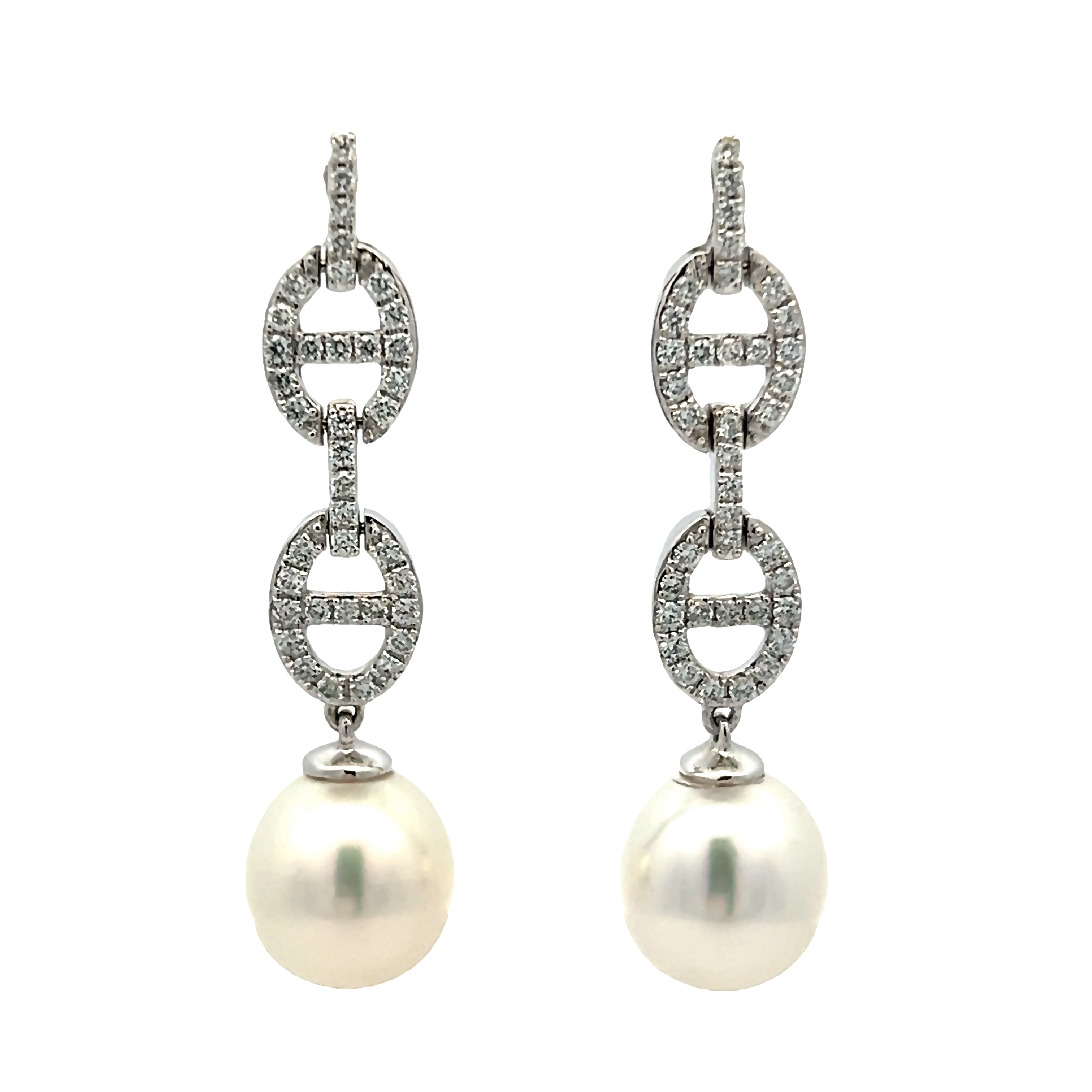 14 Karat White Gold Earrings With 2=9.00-10.00mm South Sea Pearls And 76=0.57 Total Weight Round Brilliant G Si Diamonds