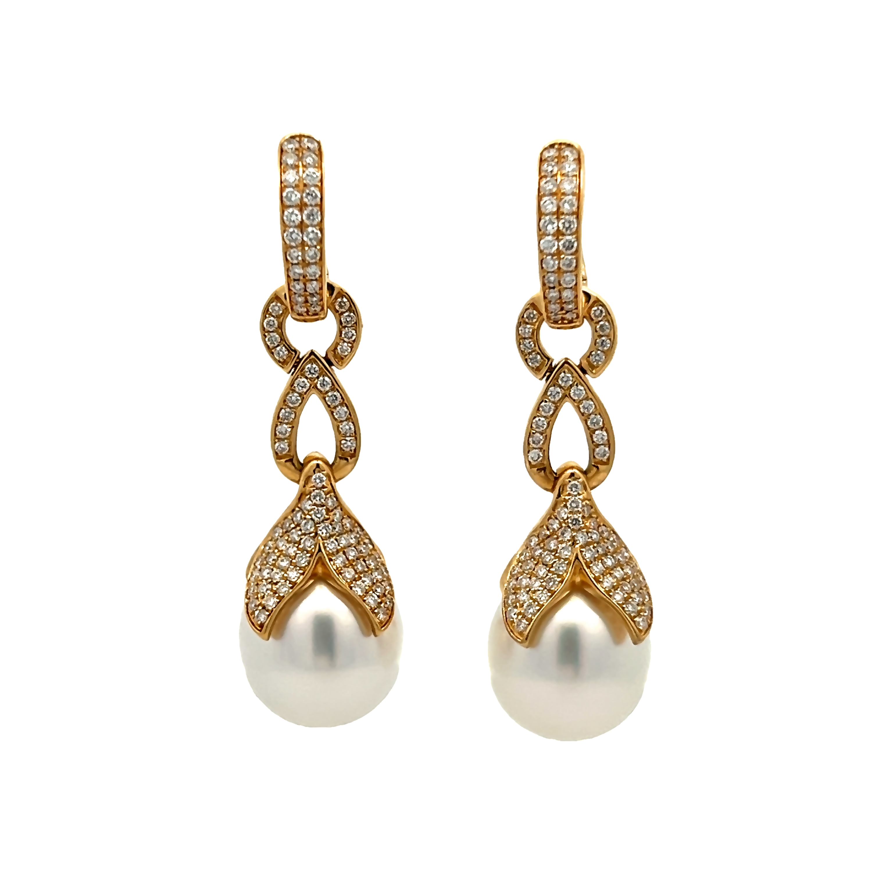 18 Karat Yellow Gold Dangle Earrings With 2=11.00-12.00mm South Sea Pearls And 188=0.84 Total Weight Round Brilliant G Si Diamonds