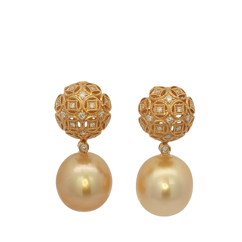 18k Yellow Gold Pearl And Diamond Drop Earrings