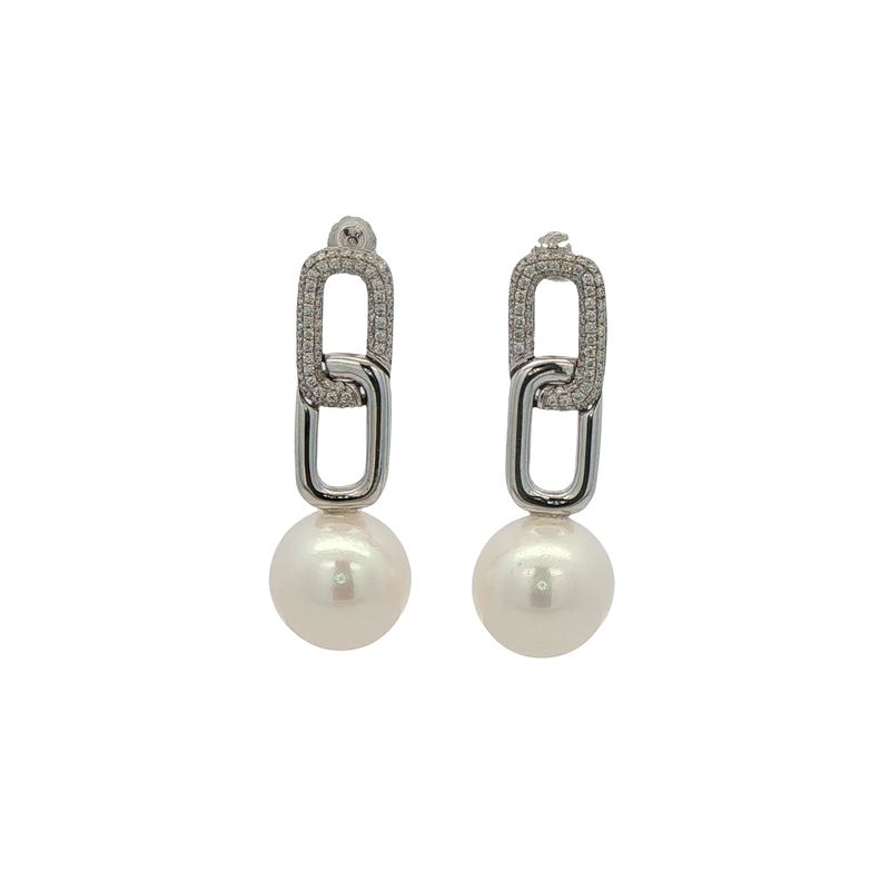 14k White Gold Pearl And Diamond Dangle Earrings