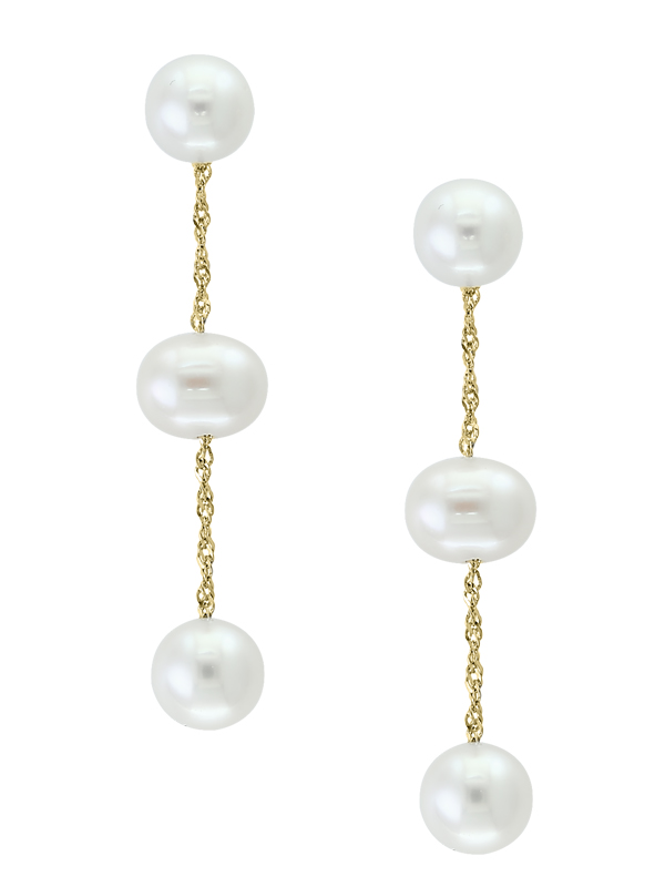 Lady's Yellow 14 Karat Dangle Earrings With 6 White Pearls