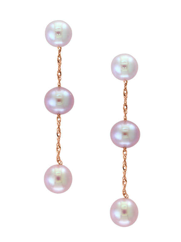 Lady's RosÃ© 14 Karat Dangle Earrings With 6 Round Pink Pearls