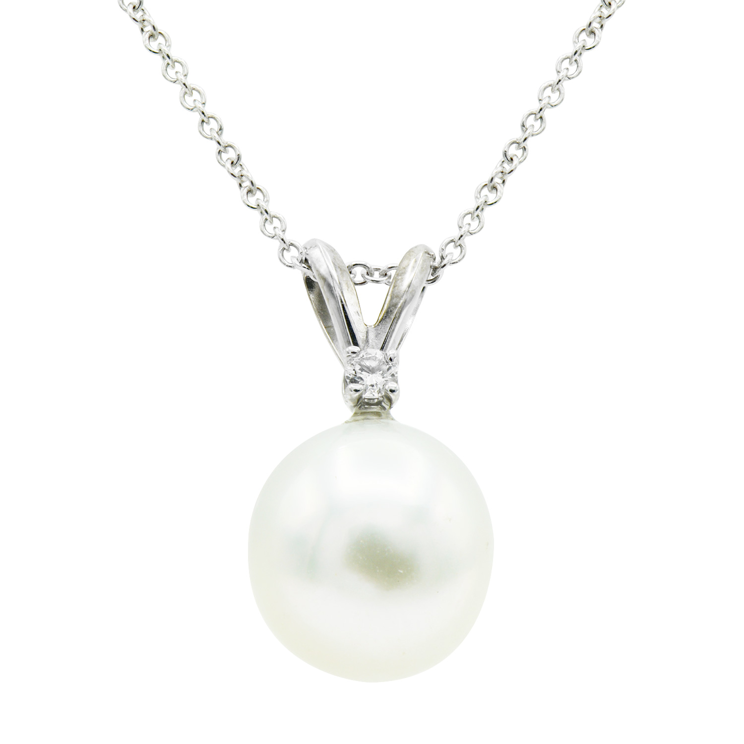 14 karat white gold pearl pendant with one 8.50 mm round pearl and one 0.05ct round brilliant G VS Diamond