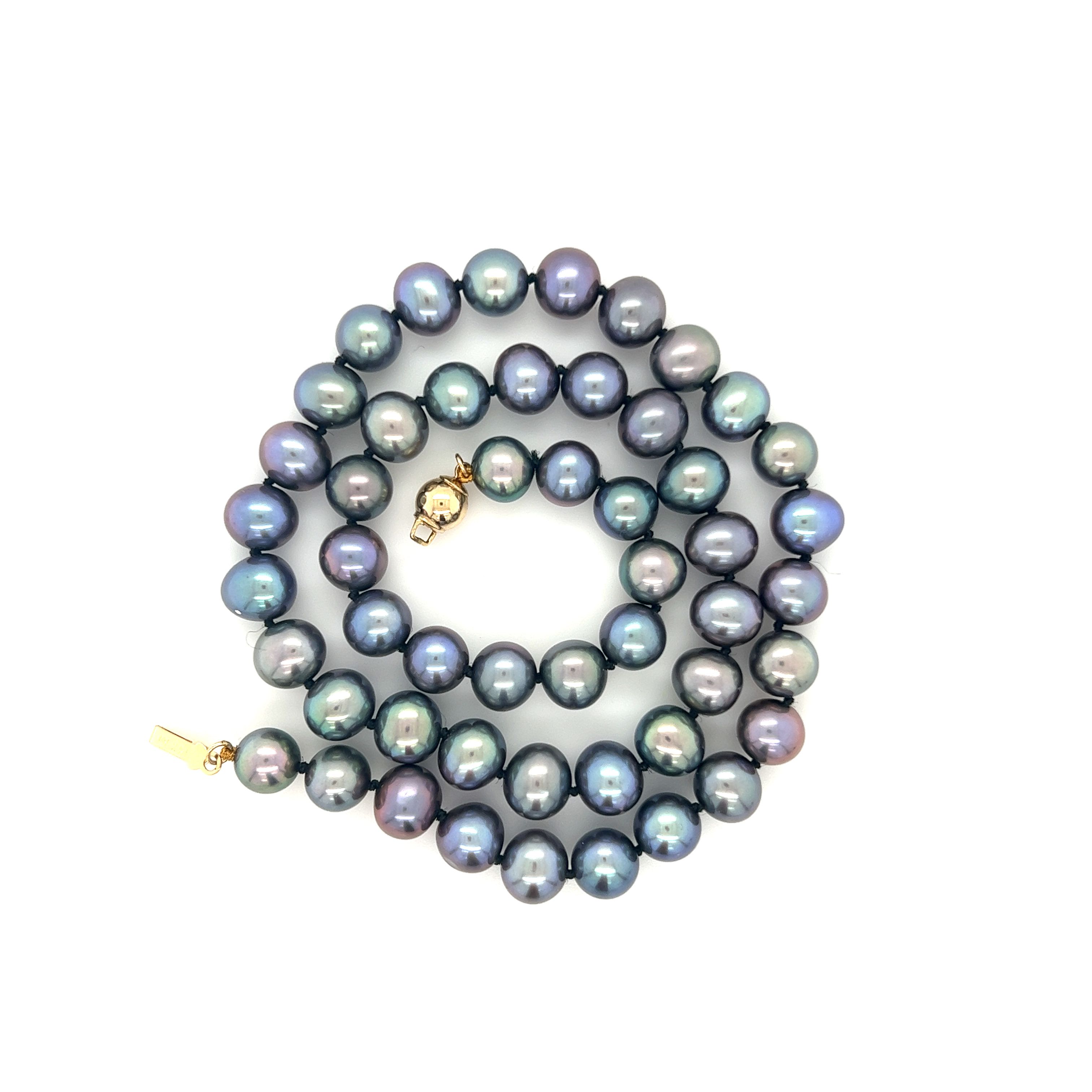 14 karat strand with fifty one=8mm round dyed black Pearls.  REf#325-539