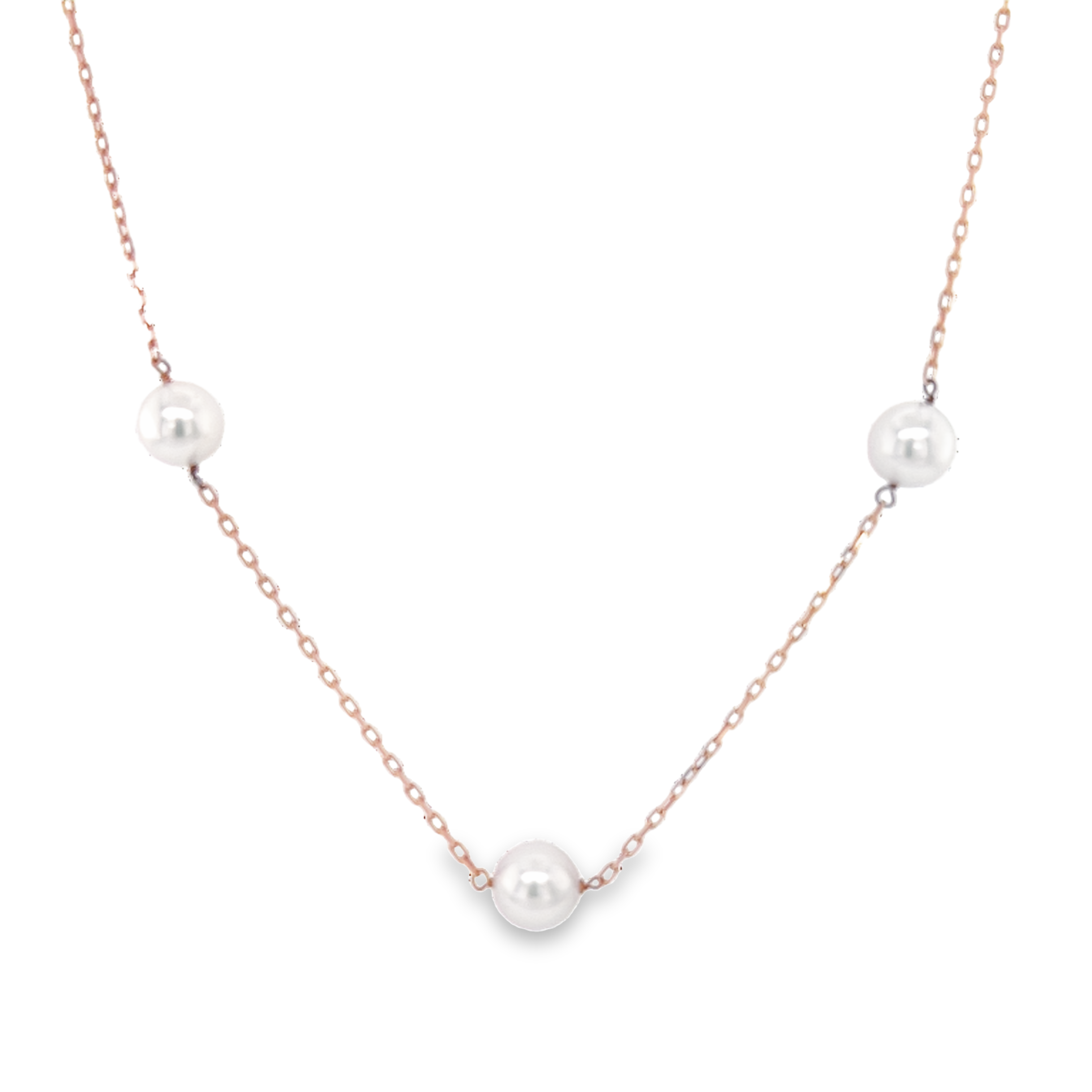 14 karat rose gold tincup necklace with 13=6.00-6.50mm round Akoya Pearls