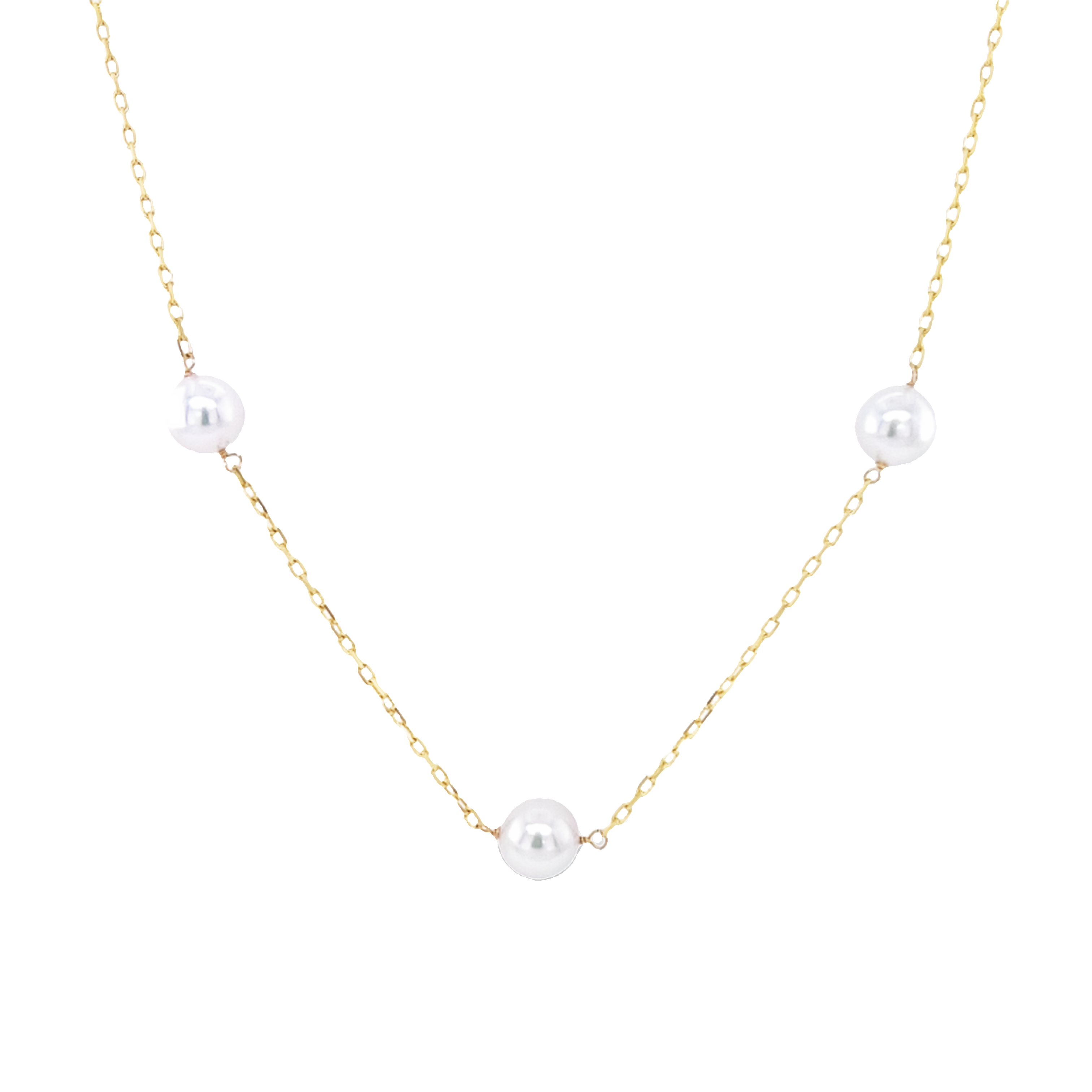 14 Karat yellow gold tincup necklace with 9=6.00-6.50Mm round Akoya Pearls