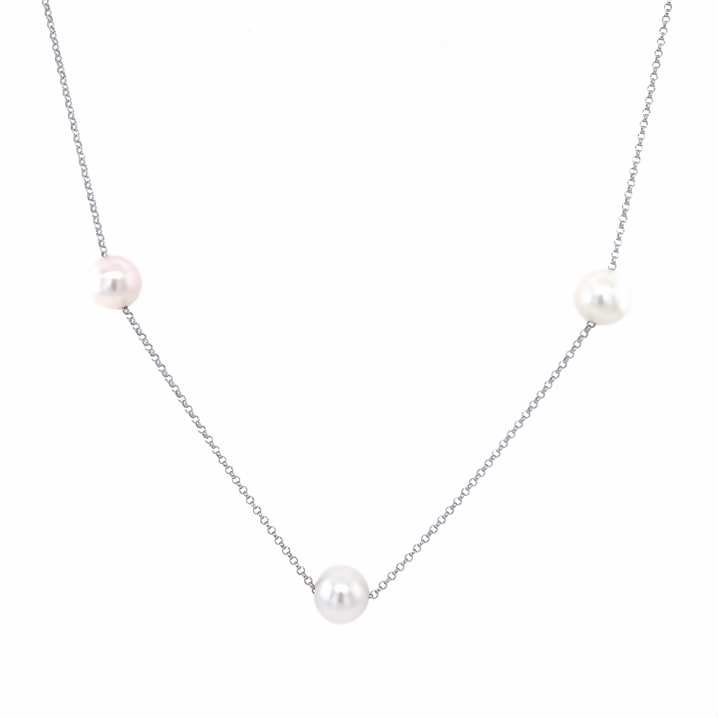 14 Karat white gold tin cup necklace with 9=6.00-7.00mm Fresh Water Pearls.