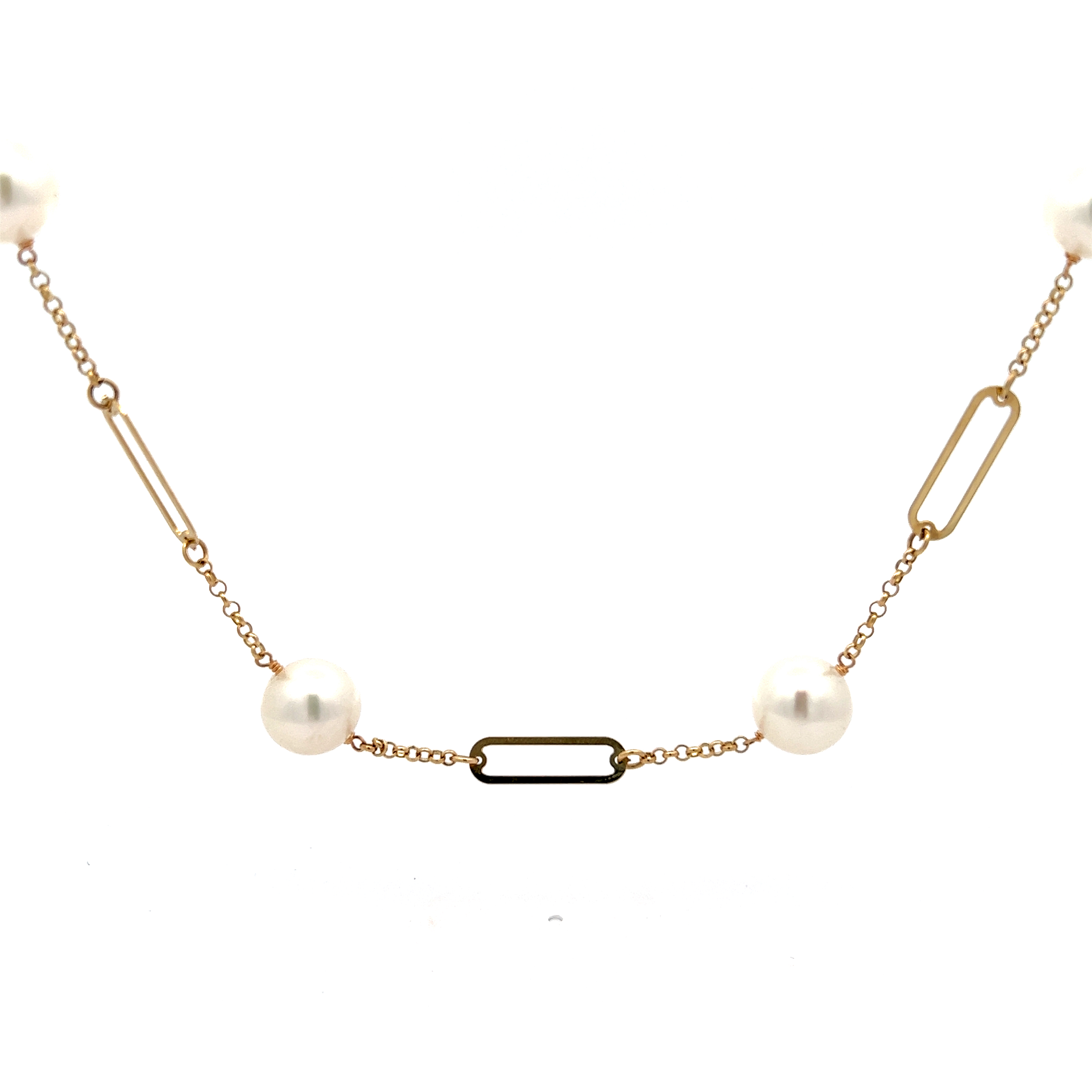 14 Karat yellow gold tin cup necklace with 6=9.00-10.00mm Fresh Water Pearls. Length 20"
