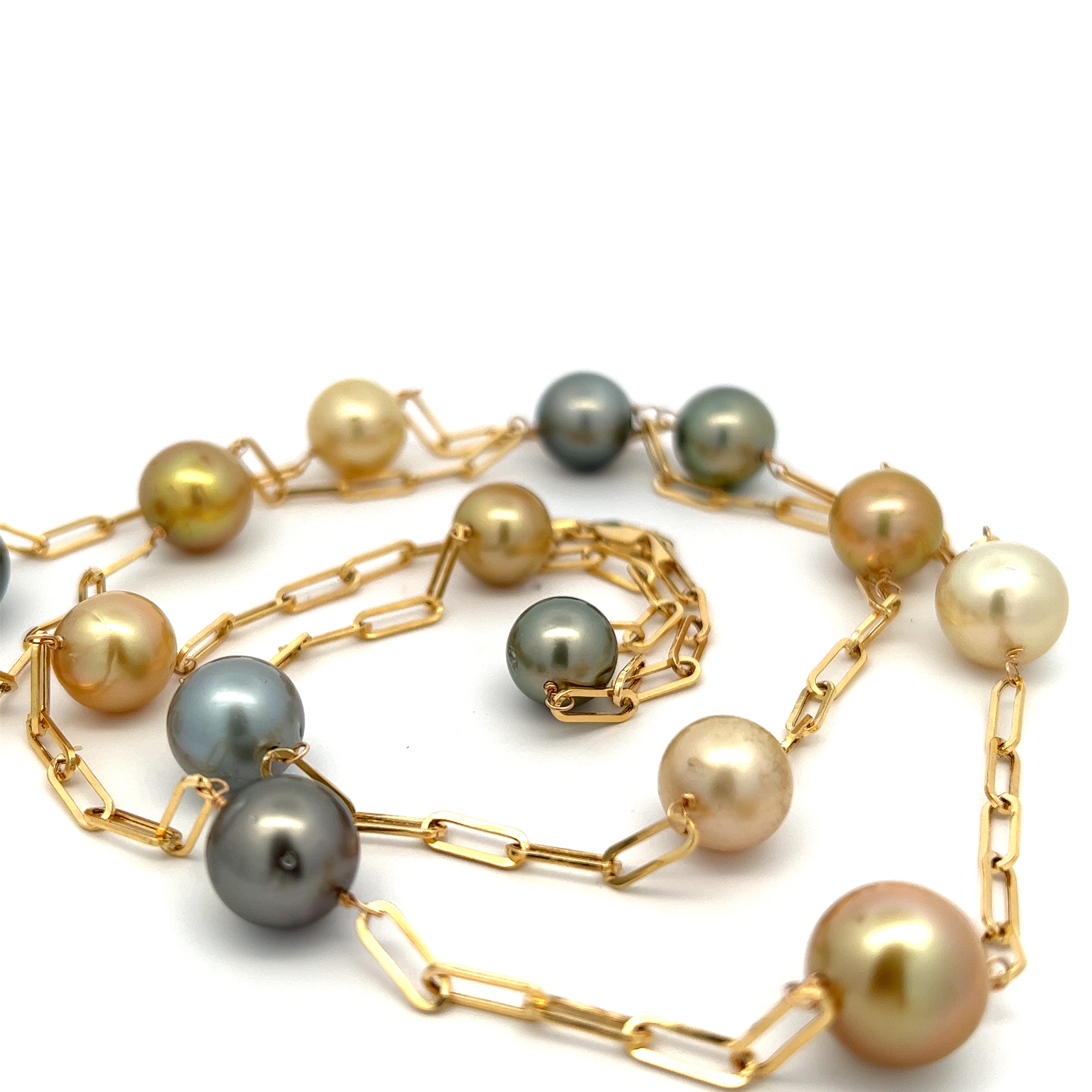 14 Karat yellow gold paperclip necklace with 6=11.00-13.00mm Tahitian Pearls and 9=11.00-13.00mm South Sea Pearls. Length 36"