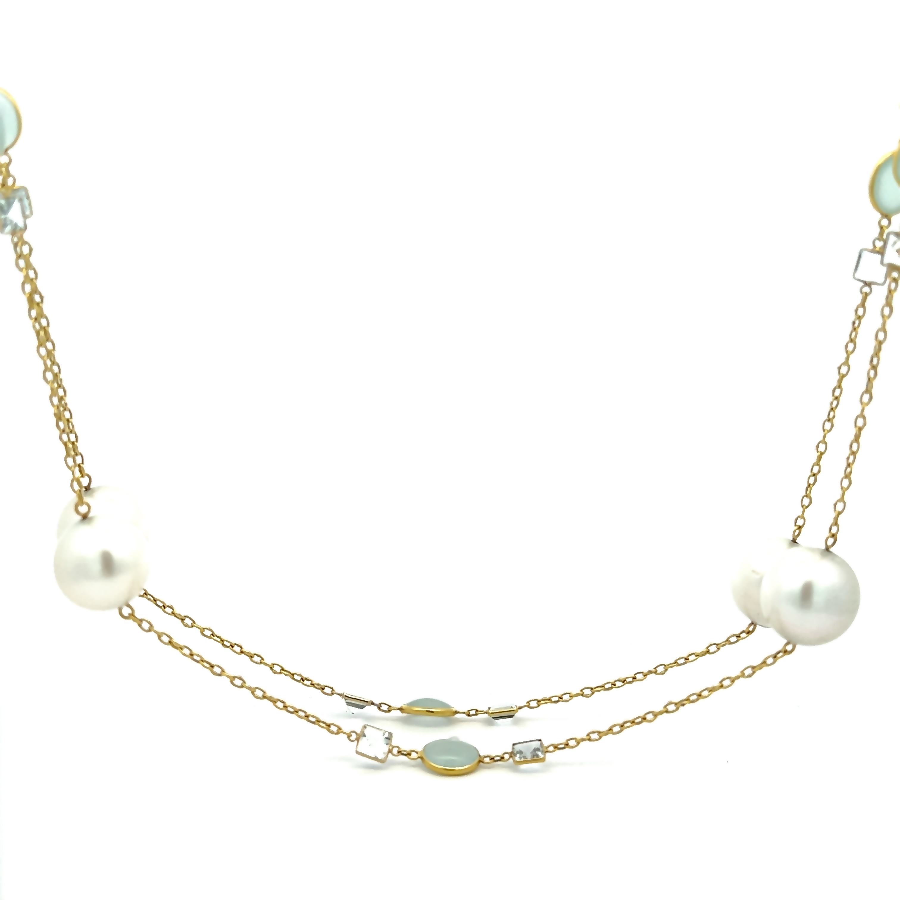 18 Karat yellow gold tin cup necklace with 7=12.00-13.00mm South Sea Pearls  8= Cabochon Aquamarines and 16= square cut White Topazs