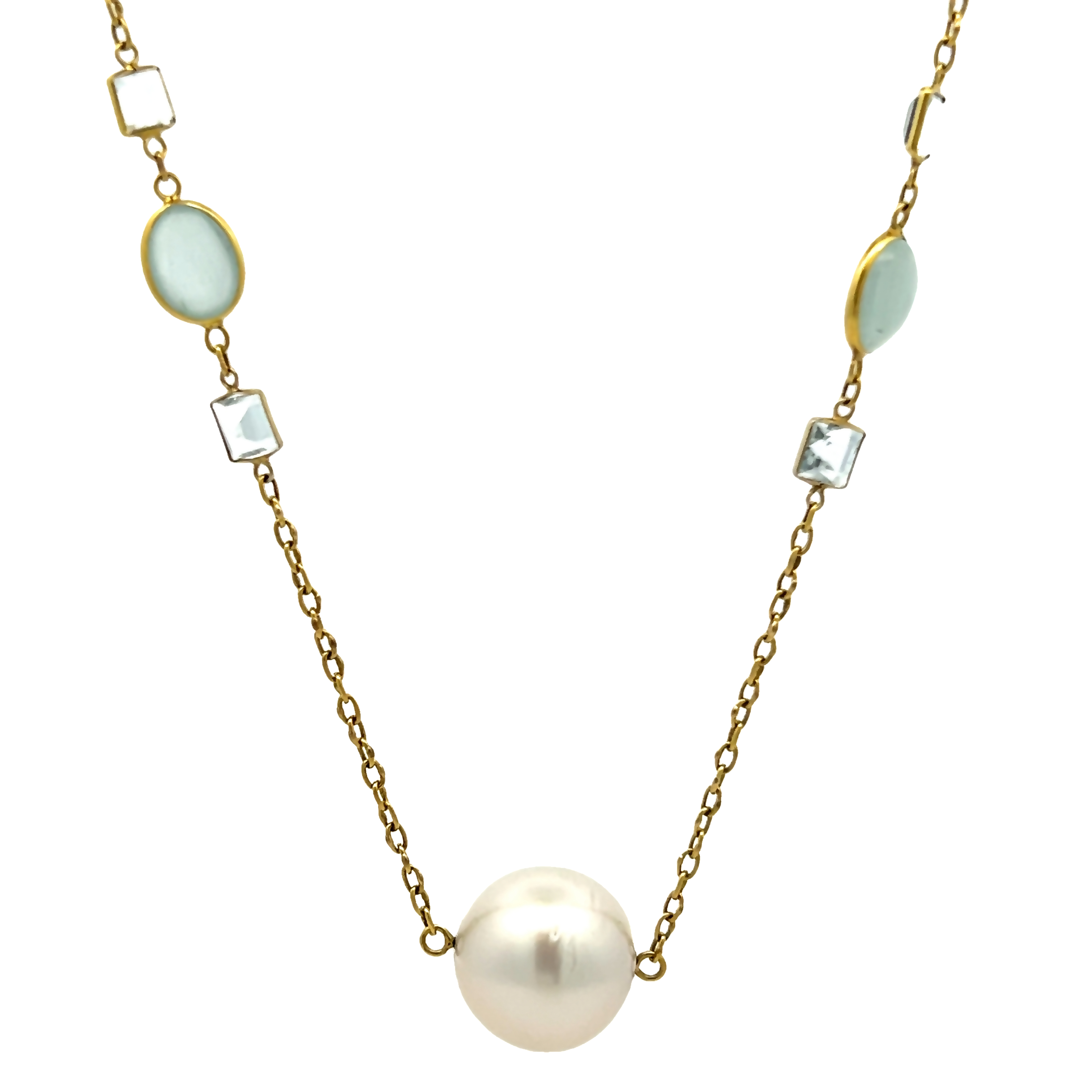 18 Karat yellow gold tin cup necklace with 7=12.00-13.00mm South Sea Pearls  8= Cabochon Aquamarines and 16= square cut White Topazs
