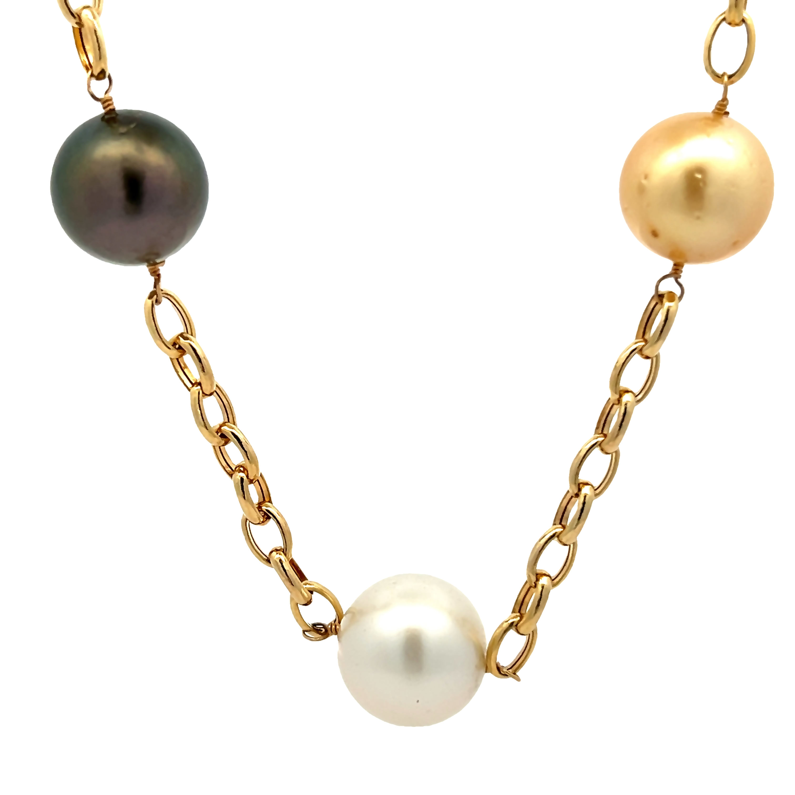 14 Karat yellow gold tin cup necklace with 7=12.00-15.00mm multicolored South Sea Pearls
