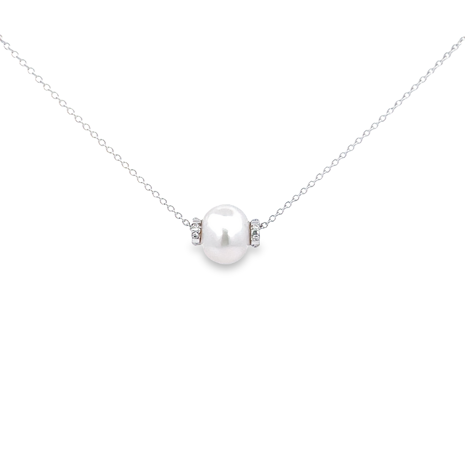 Sterling Necklace With One Fresh Water Pearl And 16=0.06 Total Weight Single Cut Diamonds.
