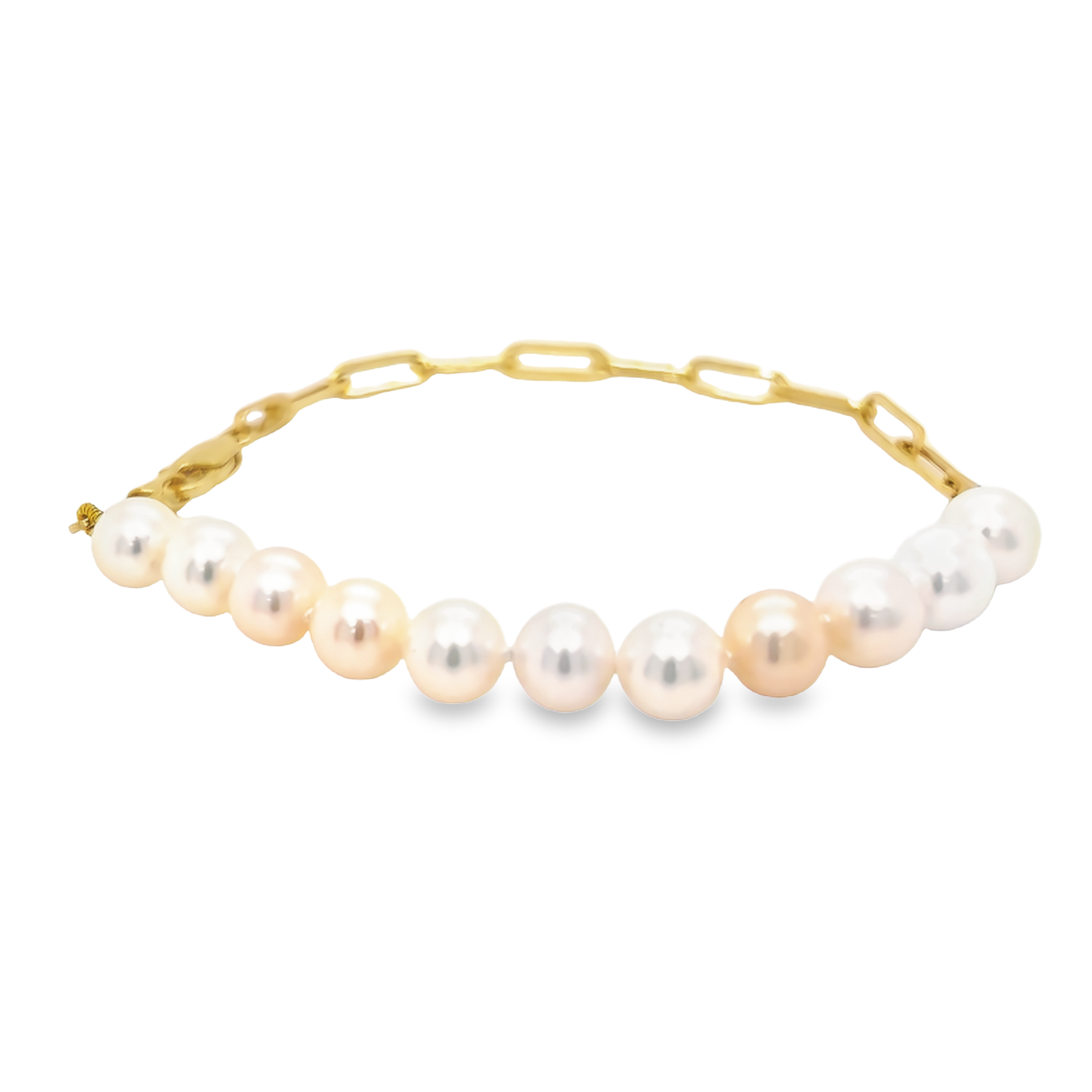 14 karat gold paper clip and pearl bracelet. 11 freshwater pearls that measure 6-7mm each.