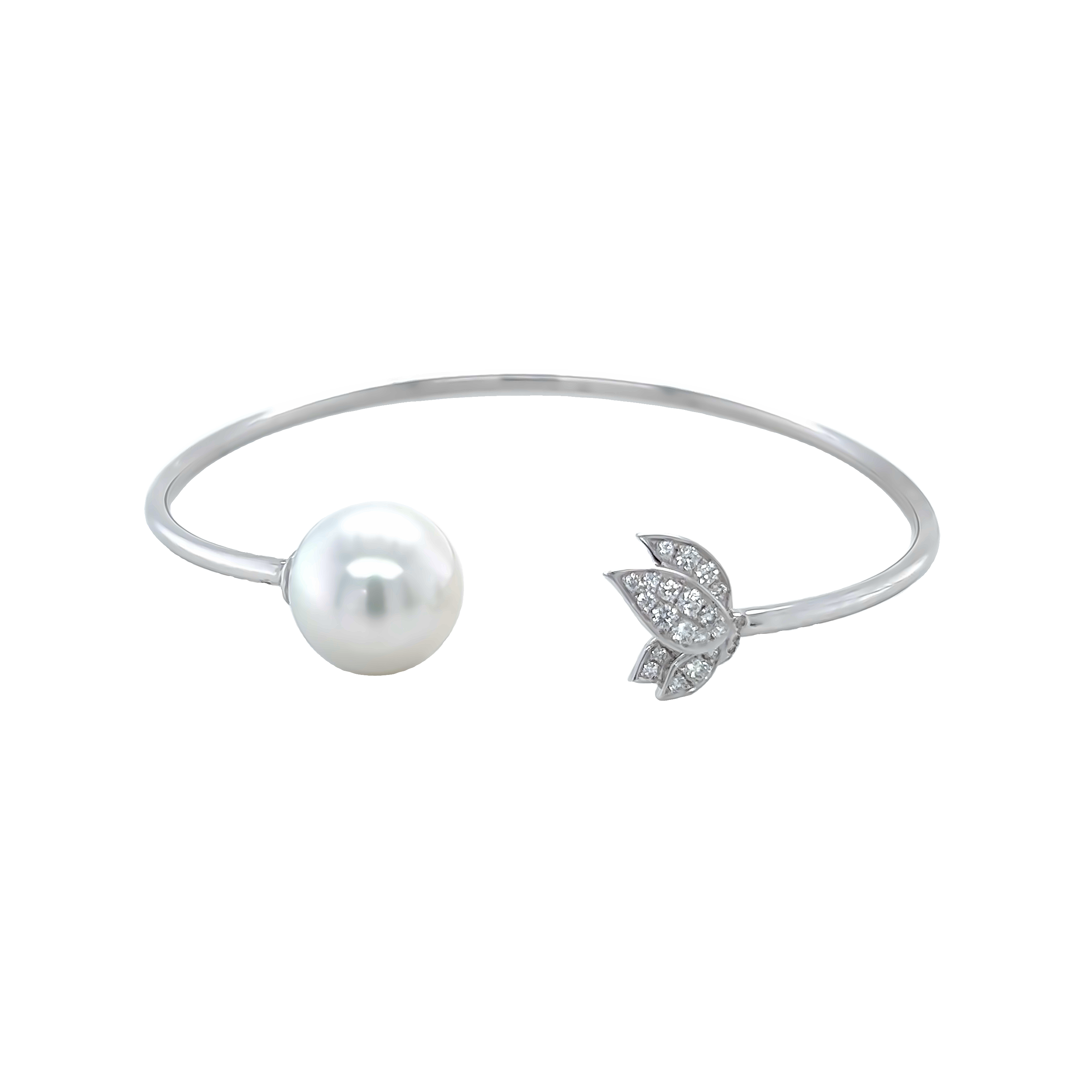 18 Karat white gold bangle with One 11.00mm South Sea Pearl and 23=0.22 total weight Round Brilliant G Vs Diamonds