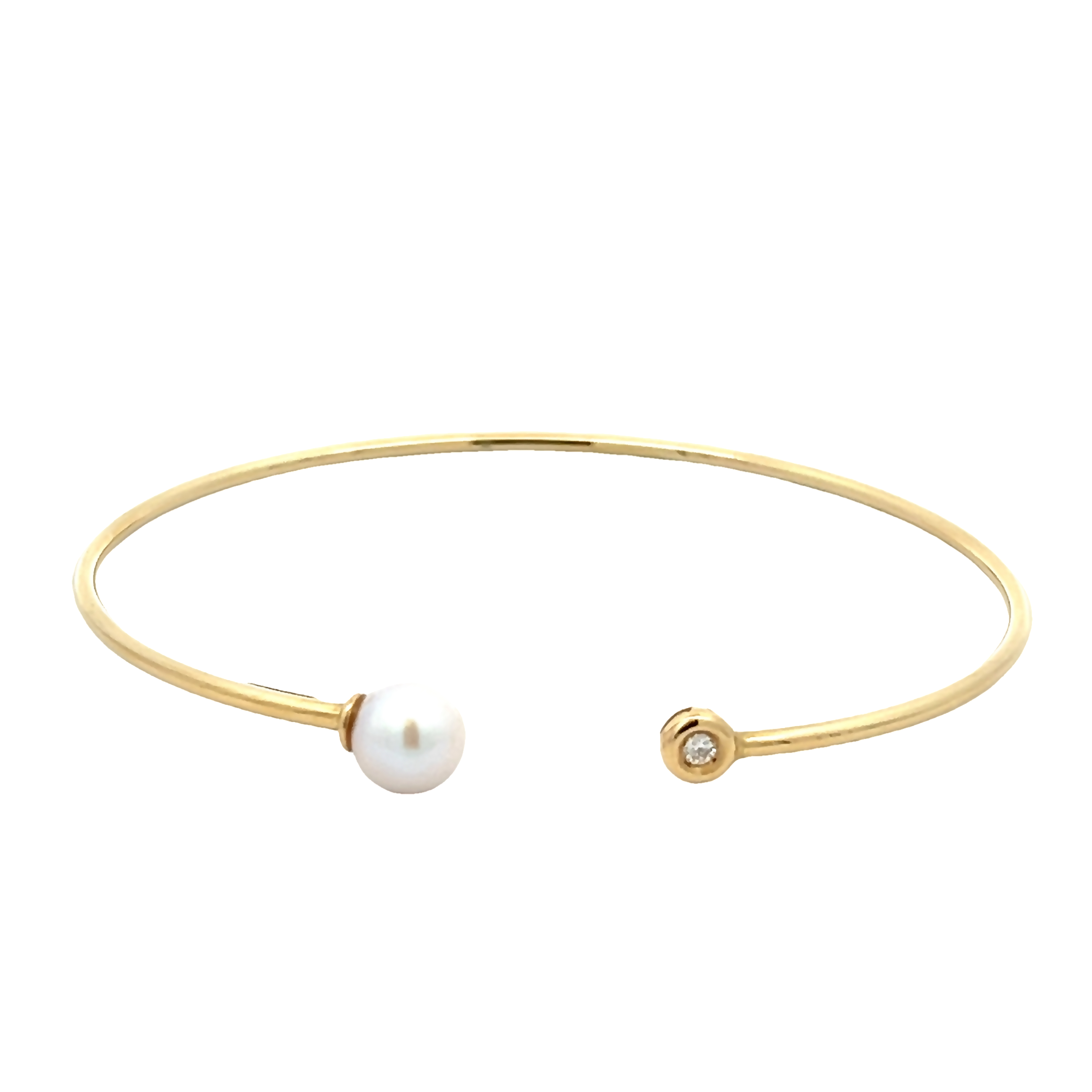 Yellow 14 Karat Bangle Bracelet With One 0.03Ct Round G VS Diamond And One Fresh Water Pearl