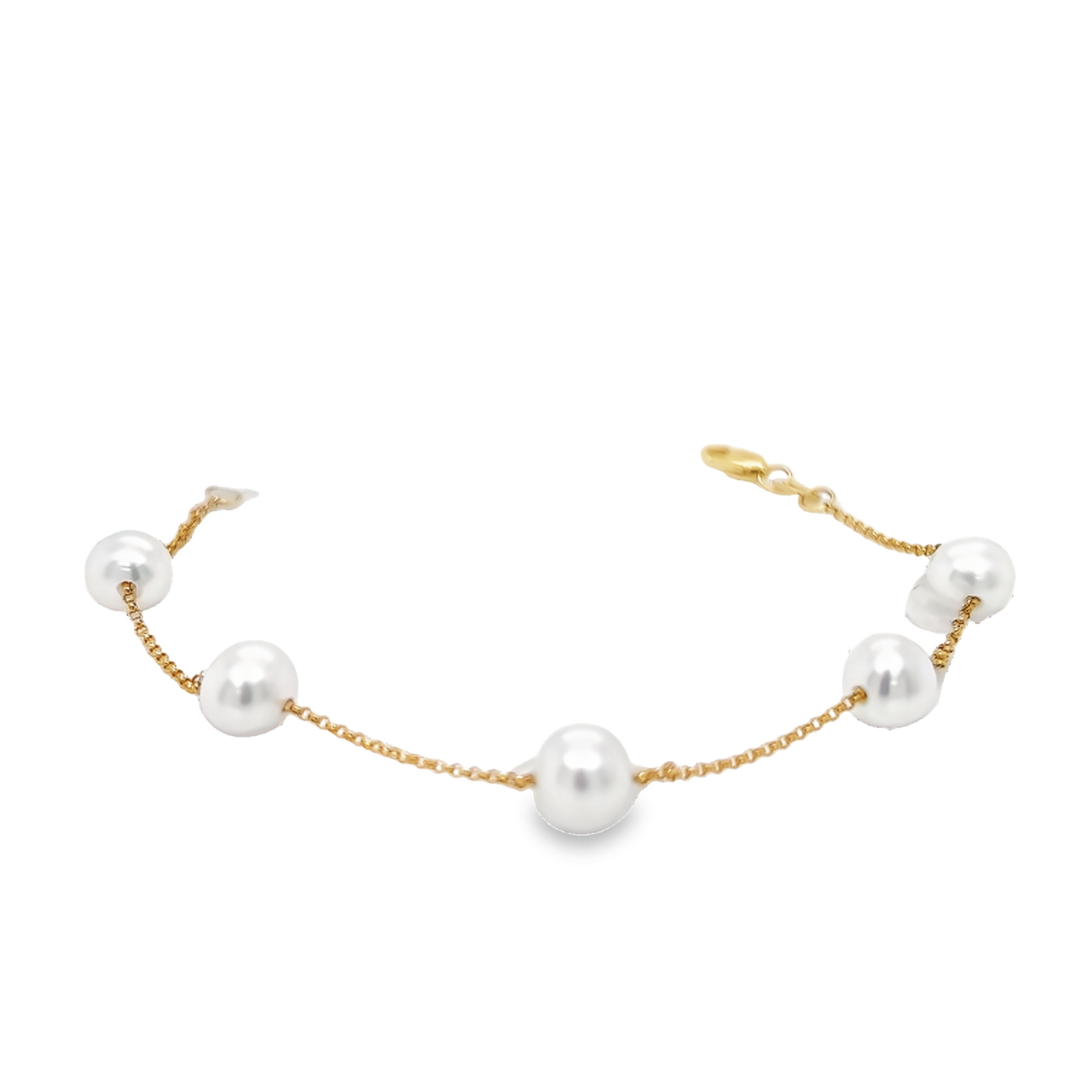 14 karat yellow gold tincup bracelet with 5=6.00-7.00mm fresh water Pearls
