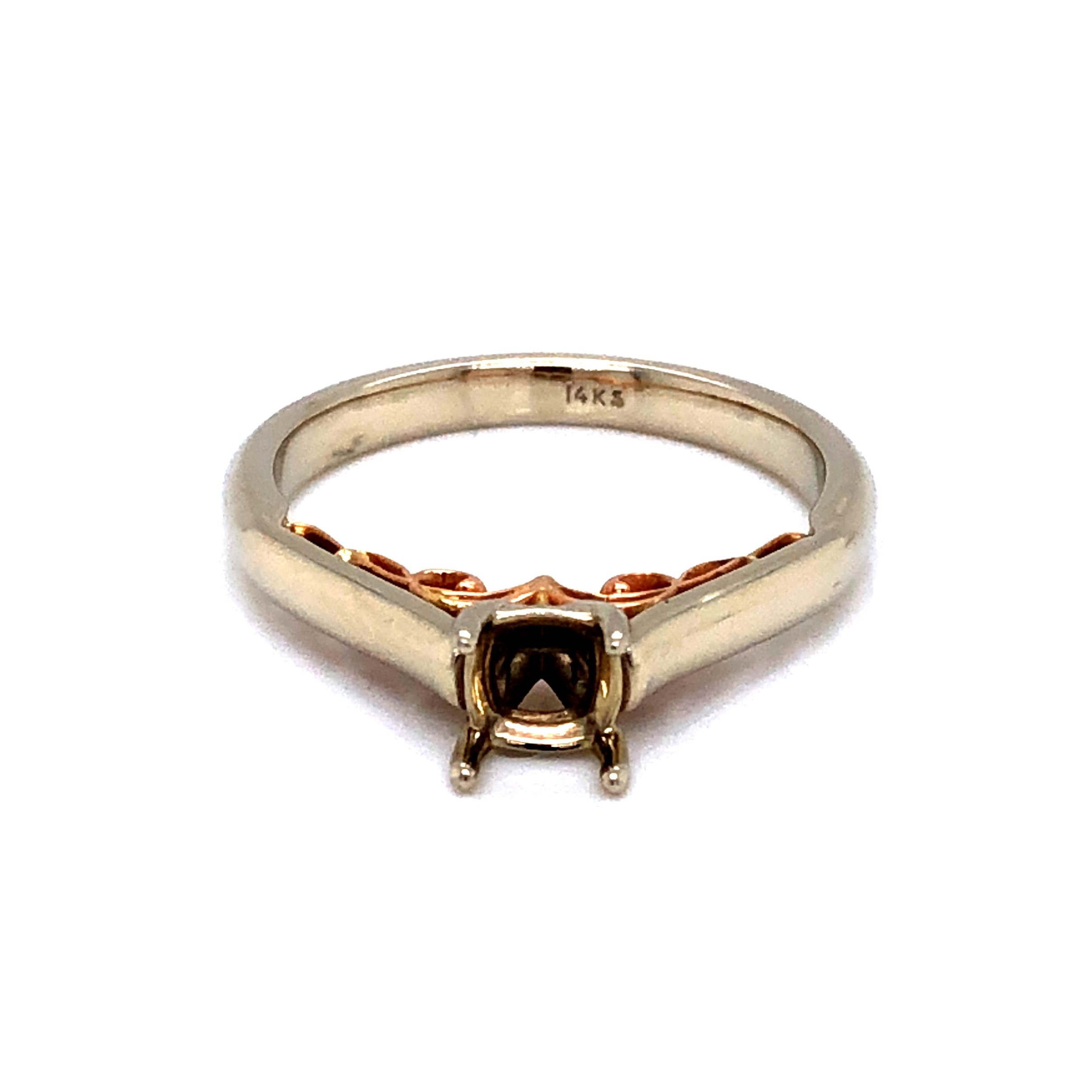 14 Karat white gold Solitaire Remount with rose gold detail.  dwt: 2.4