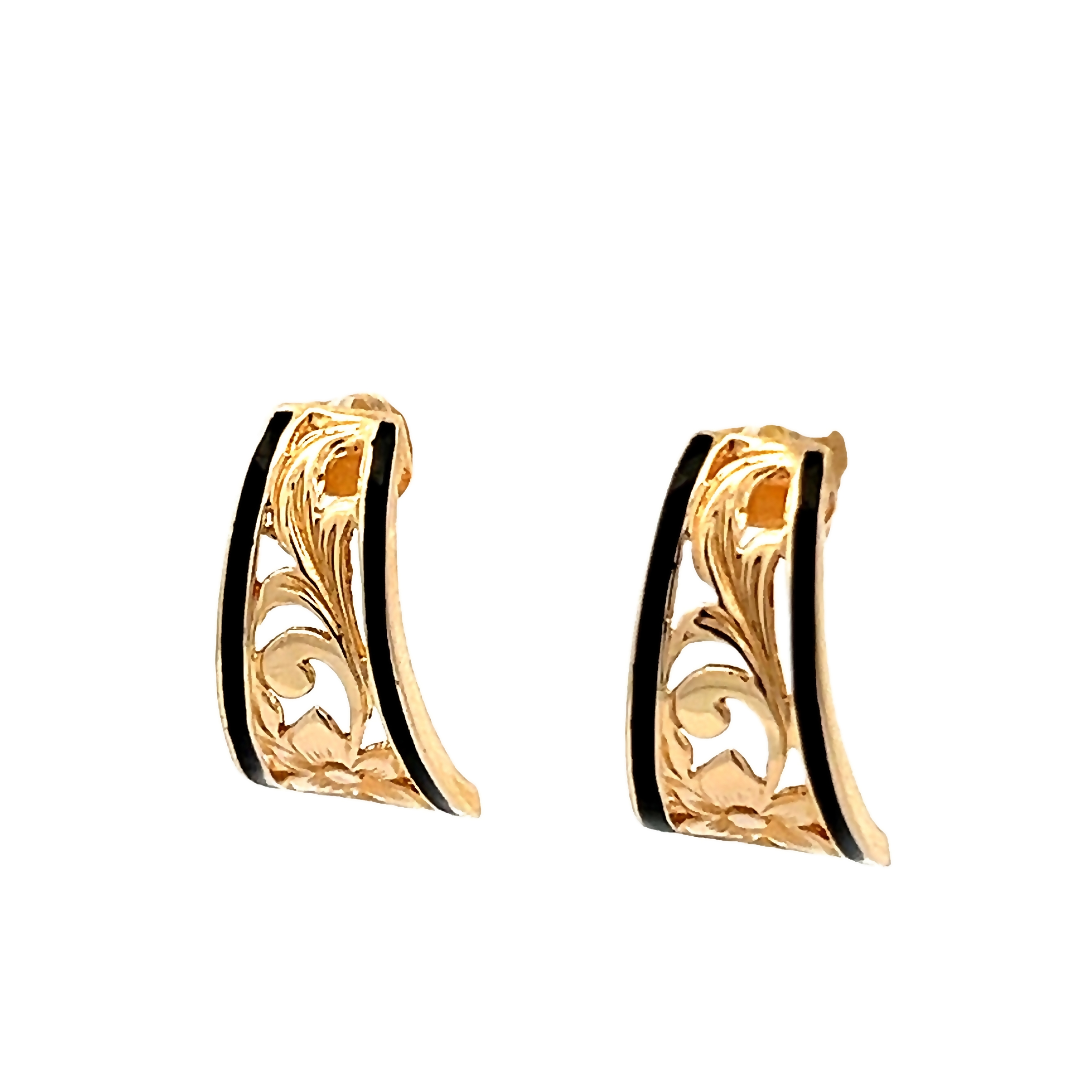 14 Karat yellow gold carved floral earrings with black enamel.