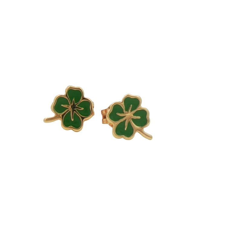 14k Yellow Gold Enameled 4 Leaf Clover Stud Earrings