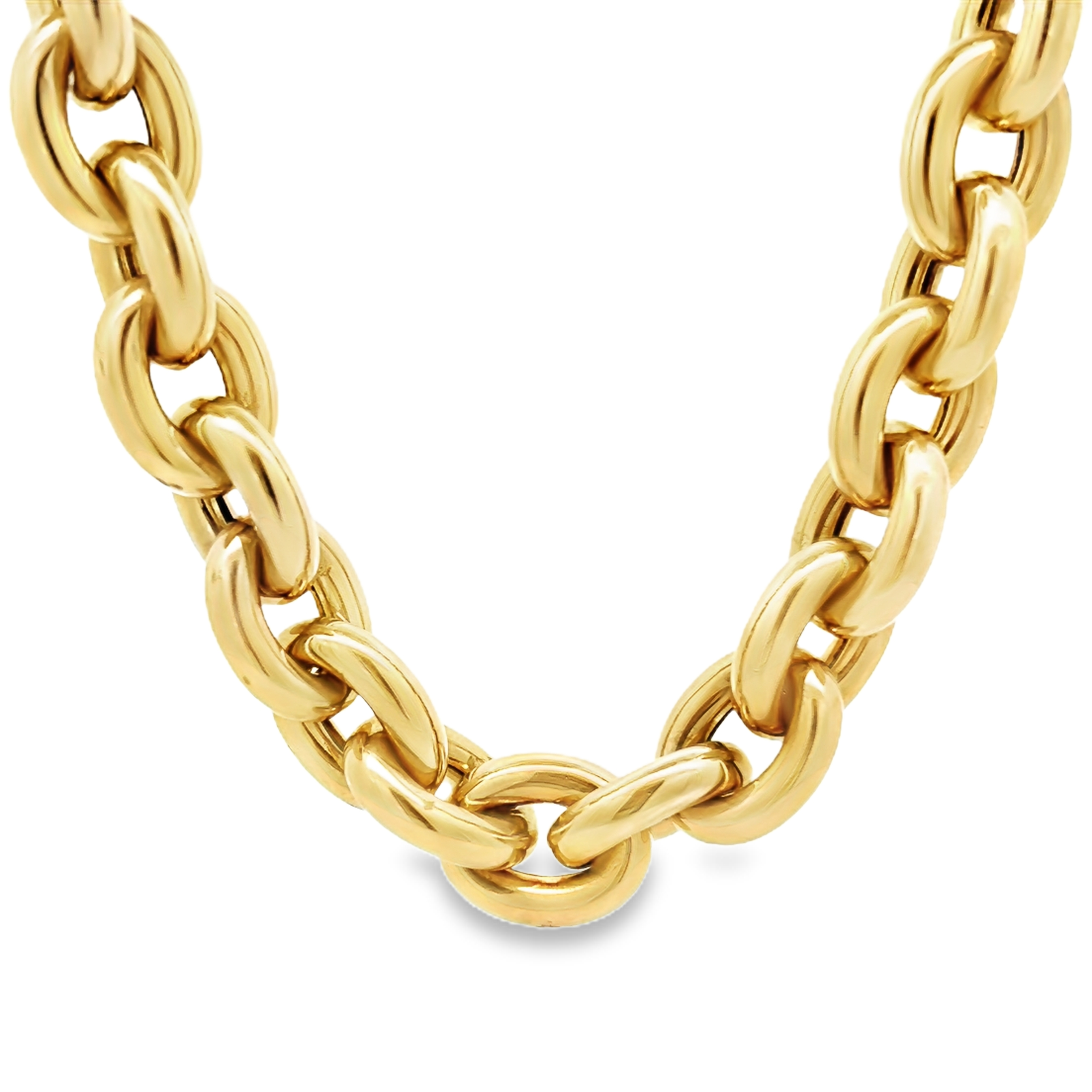 Yellow 14 Karat Italian Made Large Oval Link Necklace  Toggle Clasp Capped With Gemstones. Length 18"