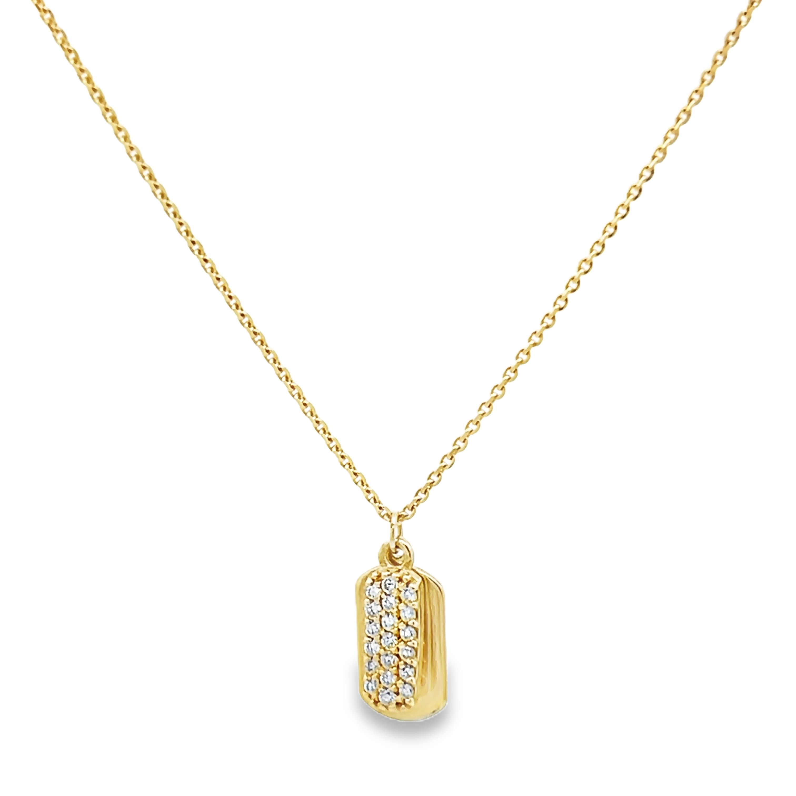 14 Karat yellow gold tag necklace Length 18" with 19=0.10 total weight round brilliant G VS Diamonds