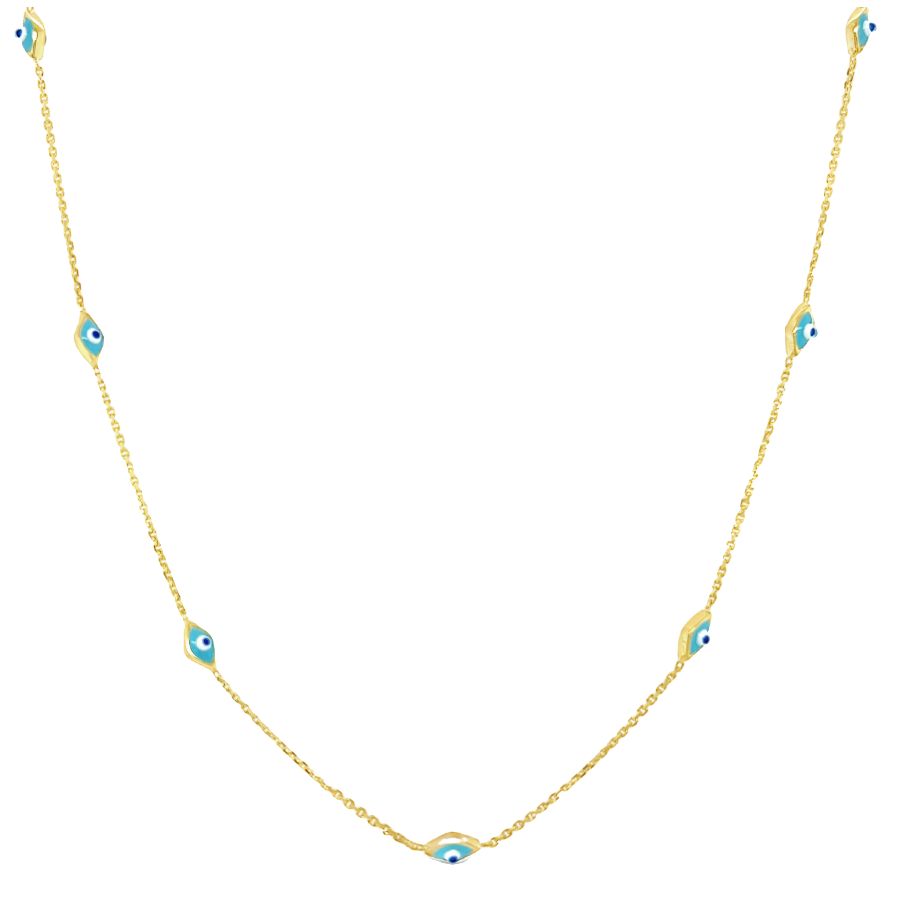 14 Karat yellow gold enamel evil eye station necklace Length 18