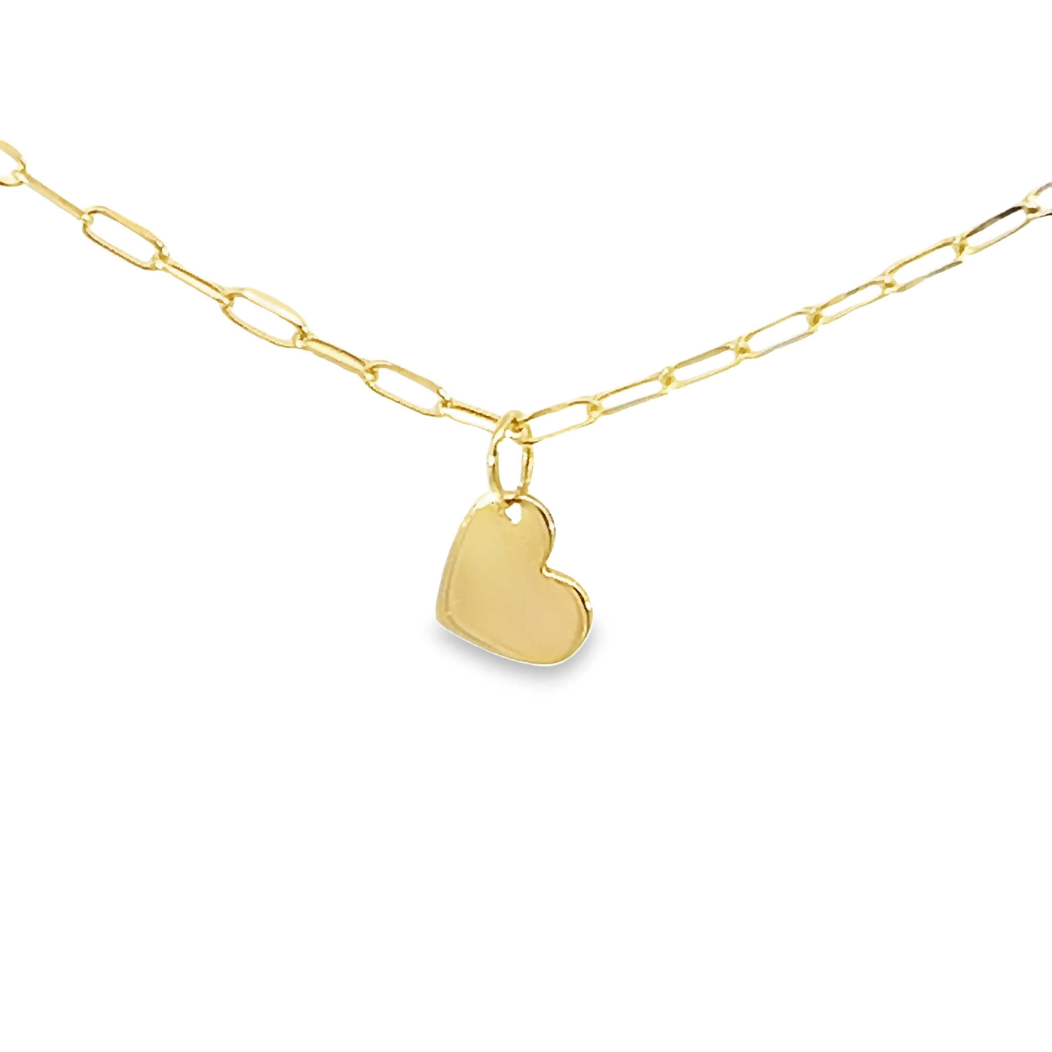 14 karat yellow gold paperclip chain with heart charm.