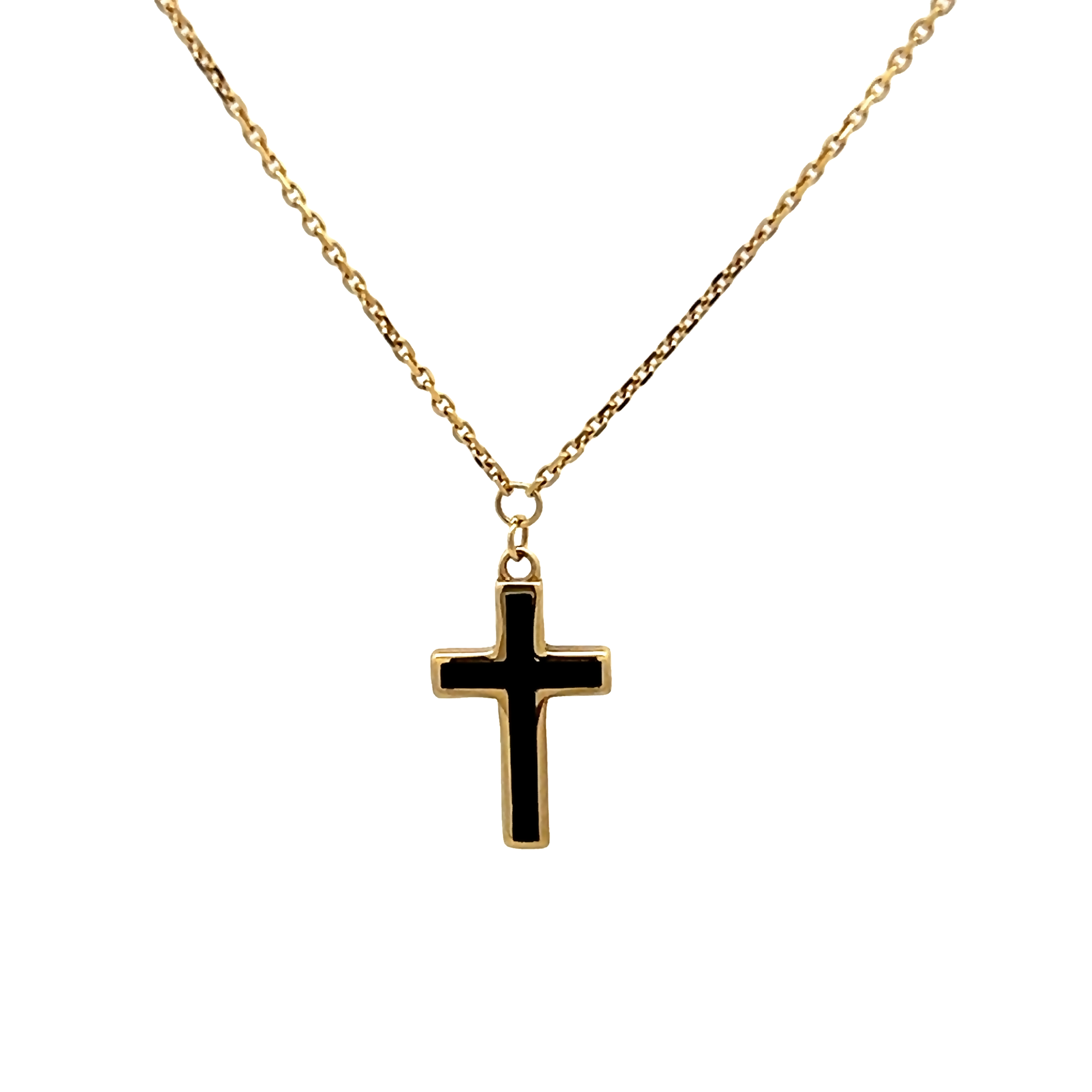 14 karat yellow gold cross with black enamel