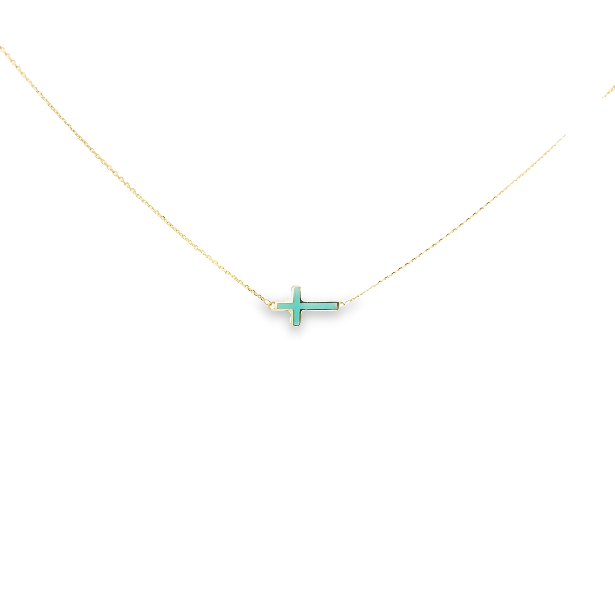14 karat yellow gold east/west cross with turquoise enamel.