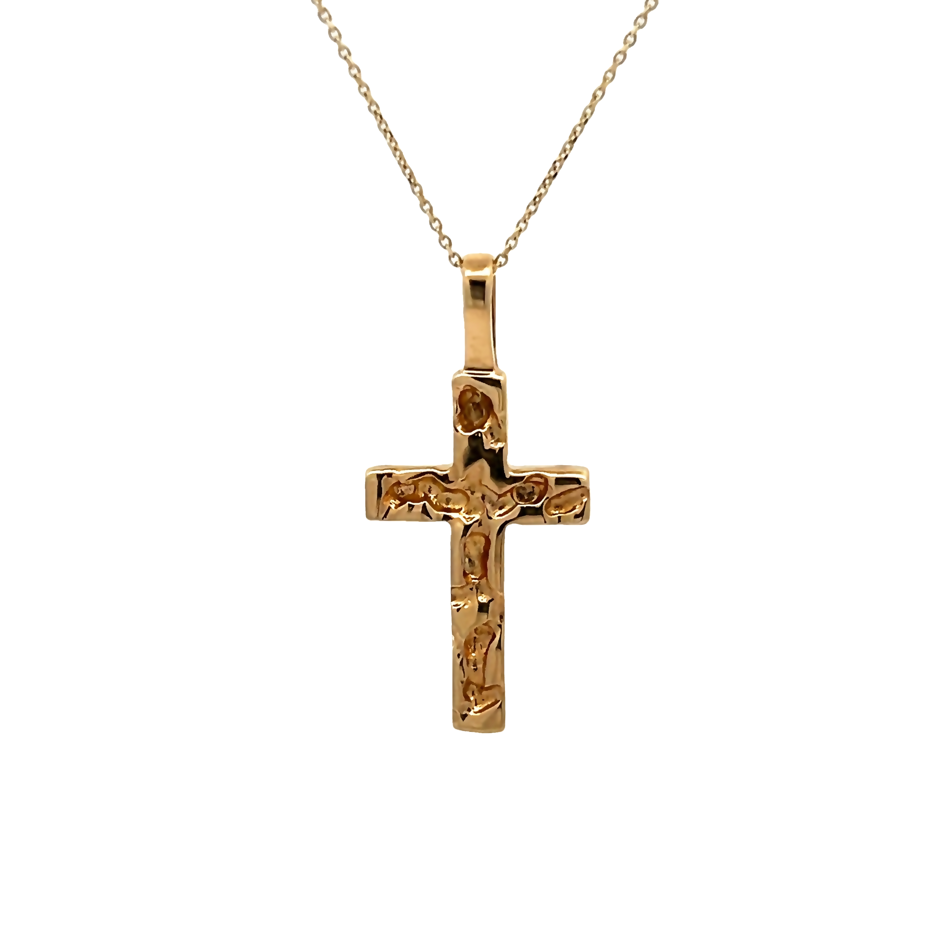 Yellow 14 Karat Textured Cross Charm Length 18