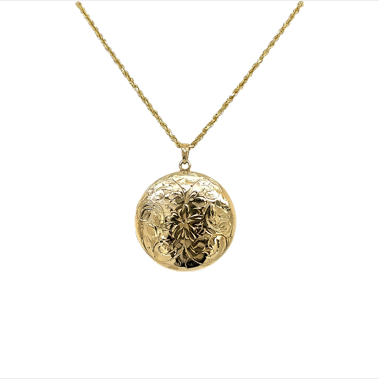 Round engraved locket with 18" rope chain.
