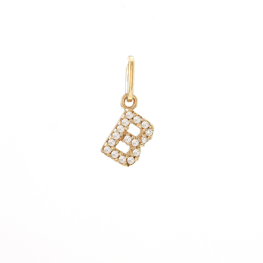 14 karat yellow gold B charm with 16=0.05 total weight single cut G I Diamonds