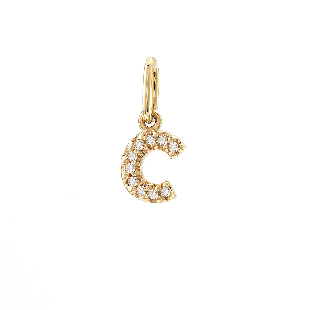 14 karat yellow gold C charm with 10=0.03tw single cut G I Diamonds